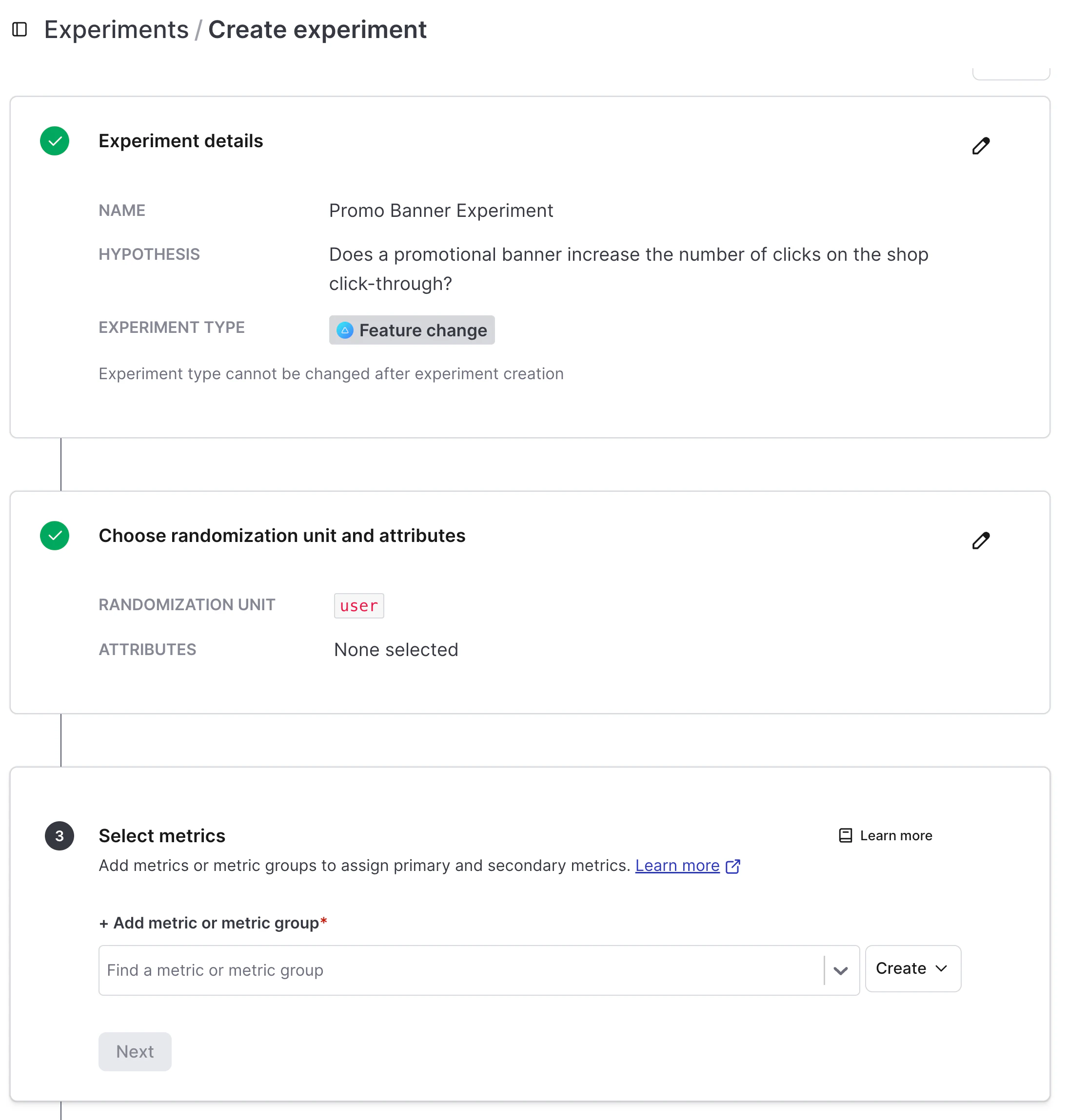The image shows the "Create experiment" screen in LaunchDarkly, detailing a "Promo Banner Experiment" to test if a promotional banner increases shop click-throughs. Steps include defining experiment details, choosing a randomization unit (user), and selecting metrics, with options to edit each section.