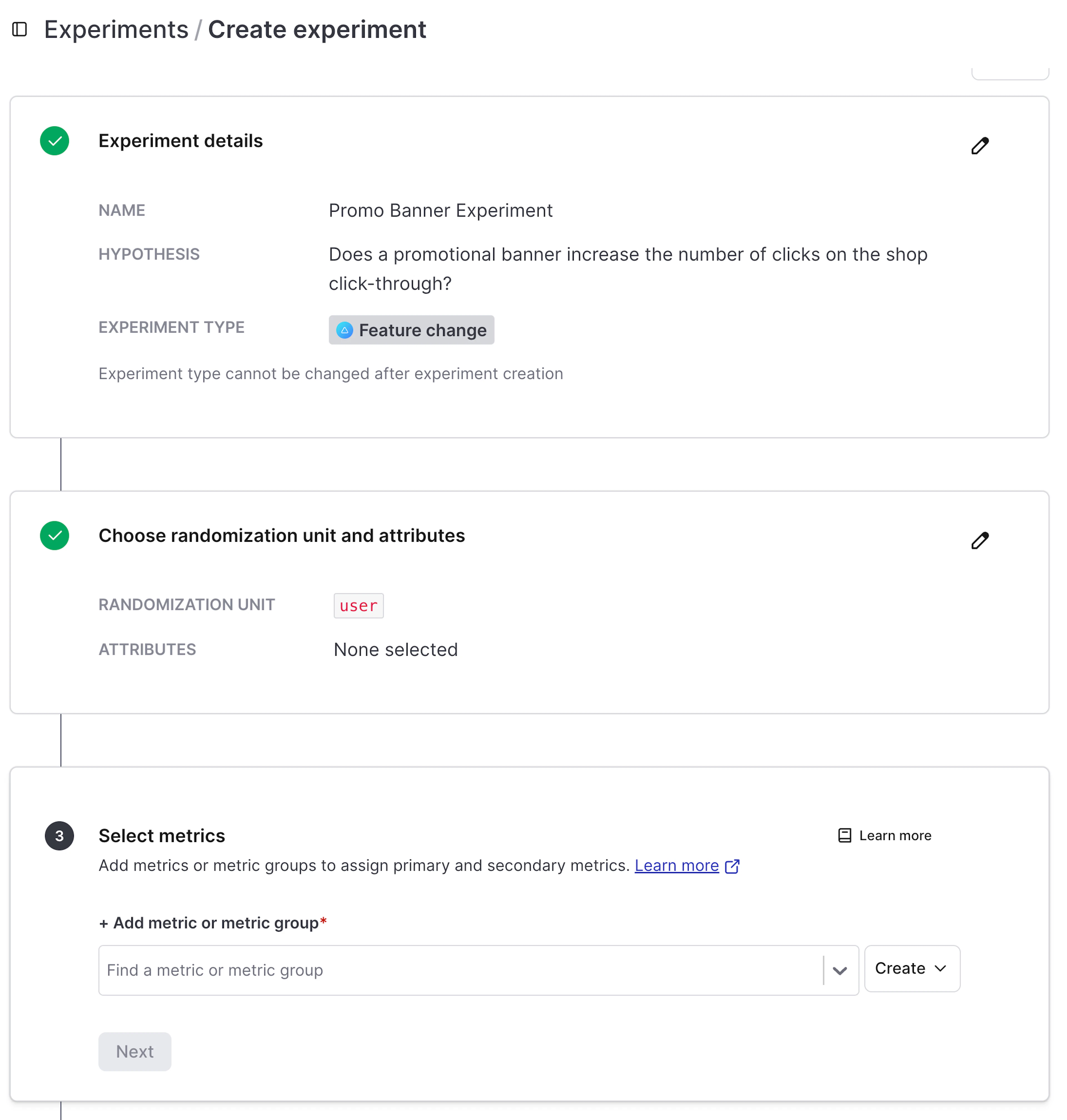 The image shows the "Create experiment" screen in LaunchDarkly, detailing a "Promo Banner Experiment" to test if a promotional banner increases shop click-throughs. Steps include defining experiment details, choosing a randomization unit (user), and selecting metrics, with options to edit each section.