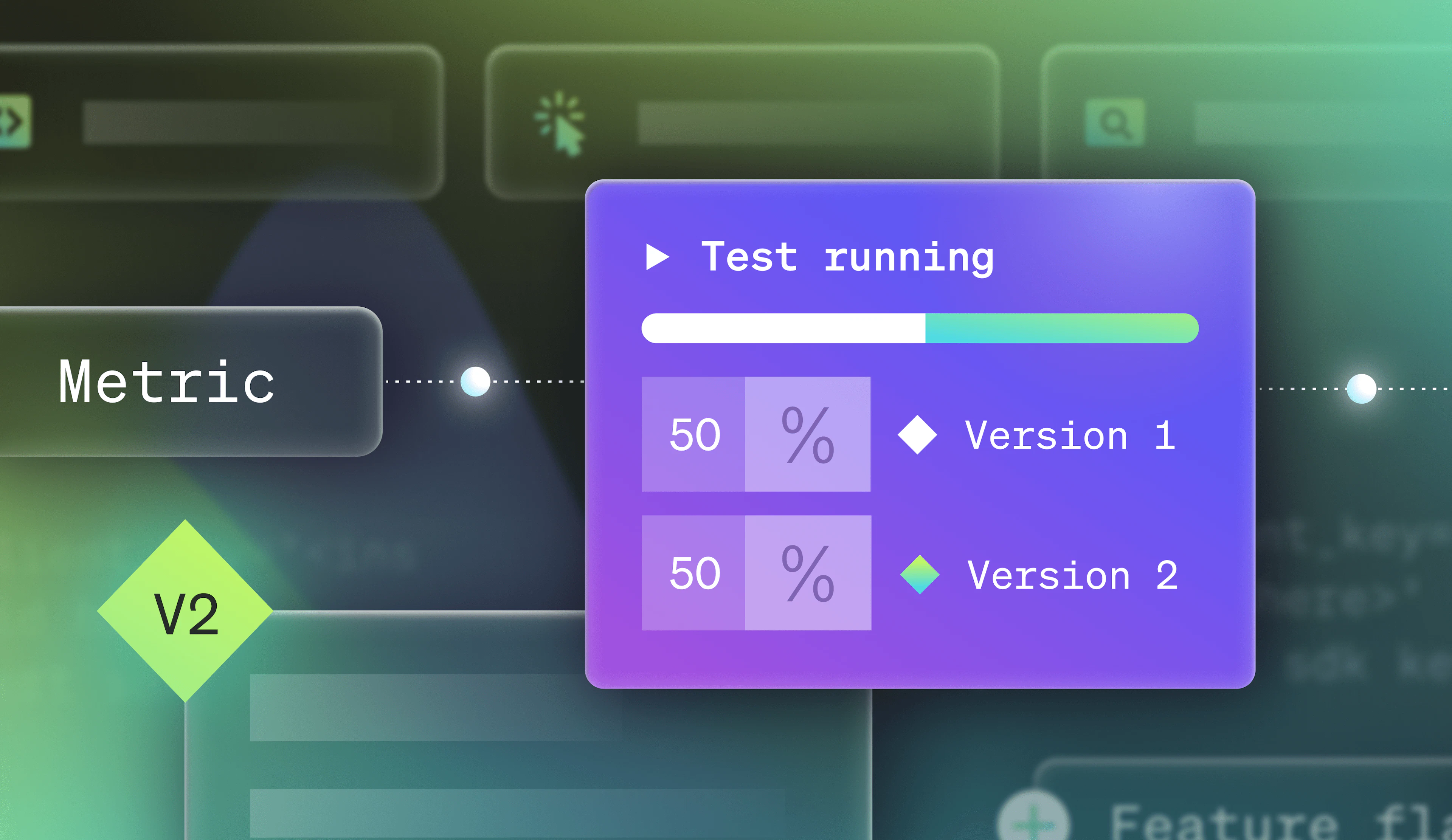 The image shows an A/B test in progress within LaunchDarkly, indicating that Version 1 and Version 2 are each receiving 50% of the traffic. The "Test running" panel includes a progress bar and metrics to track performance.