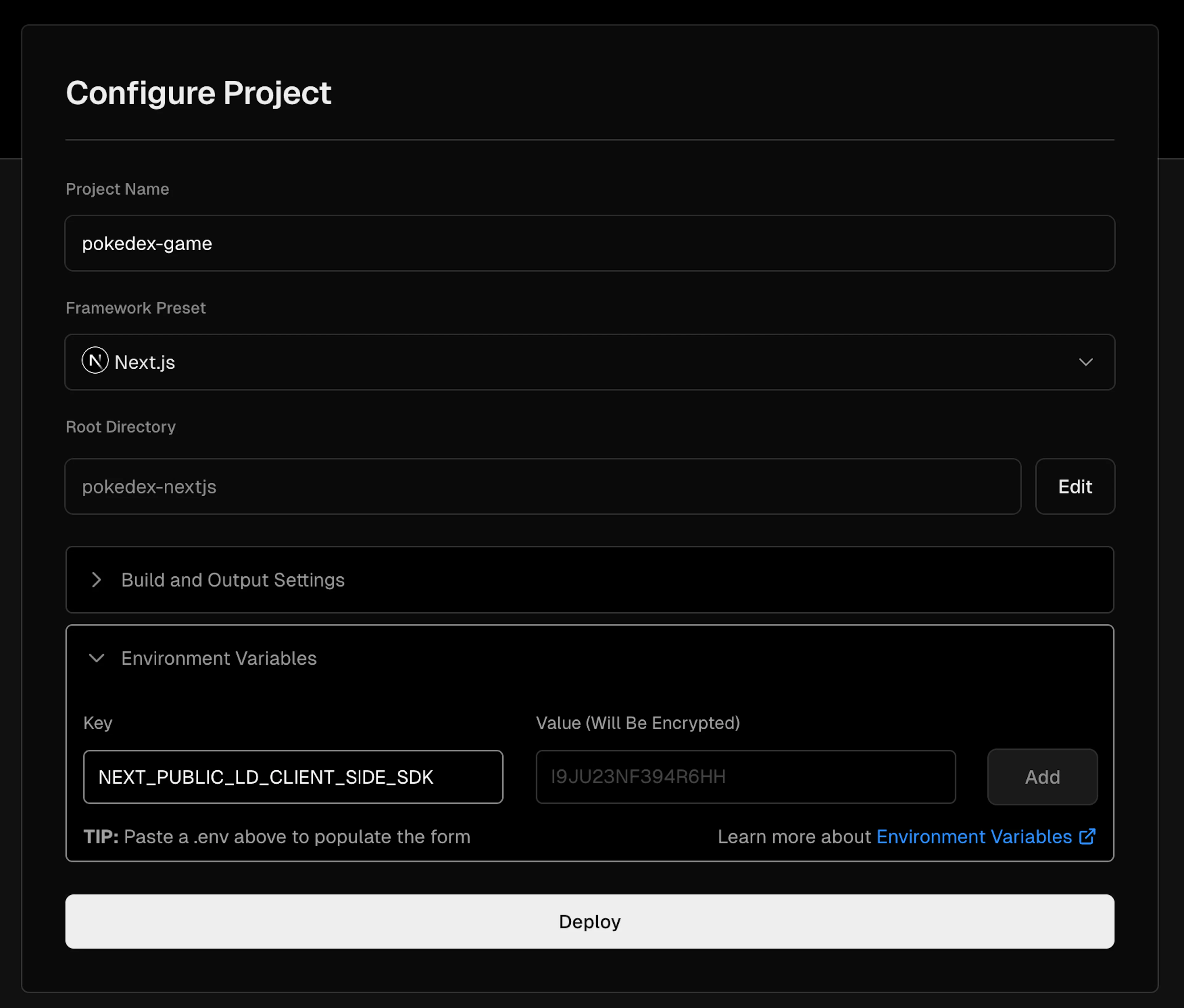Vercel Project configuration screen