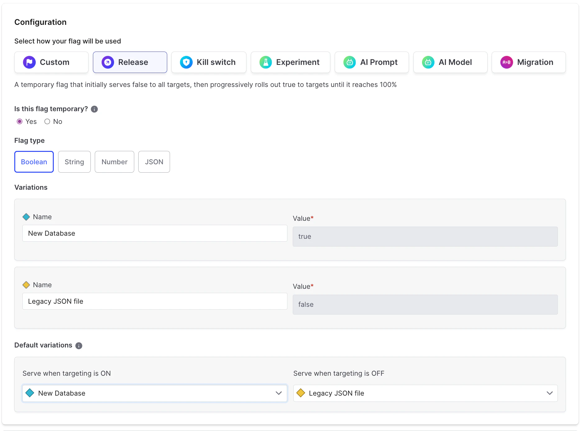 a flag creation page within launchdakrly that walks through how to create a feature release flag.