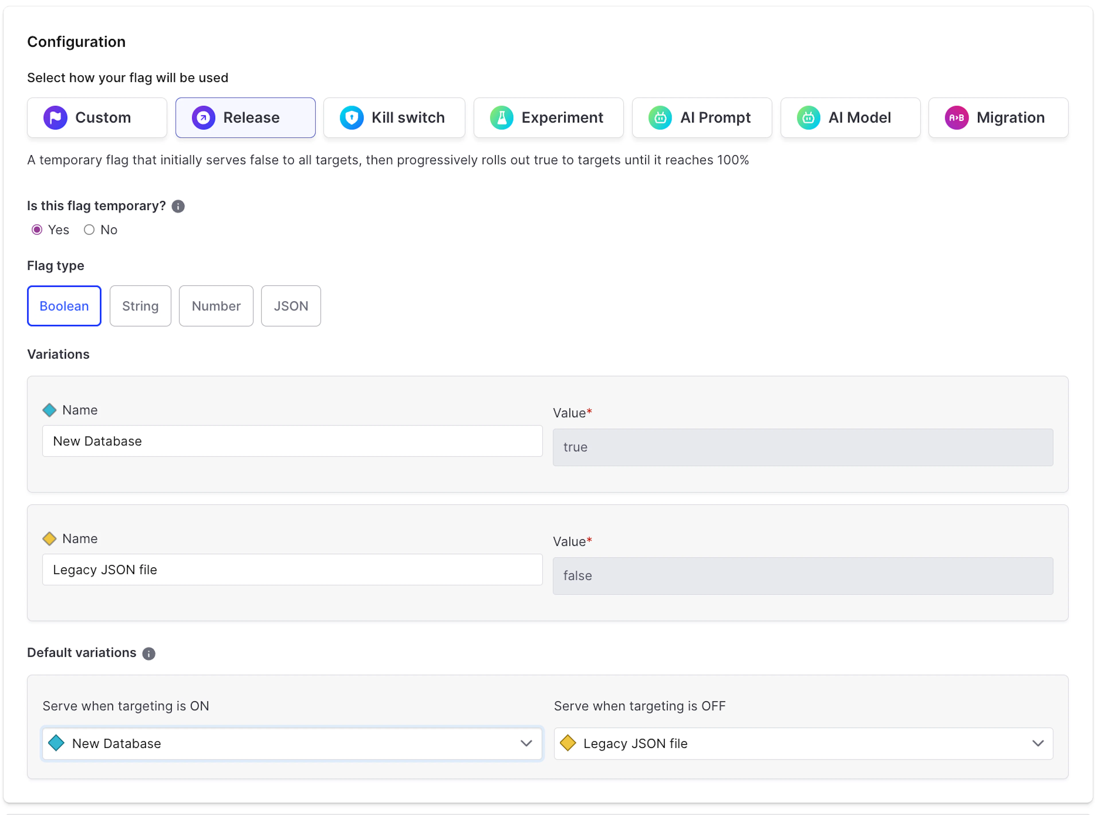 a flag creation page within launchdakrly that walks through how to create a feature release flag. 