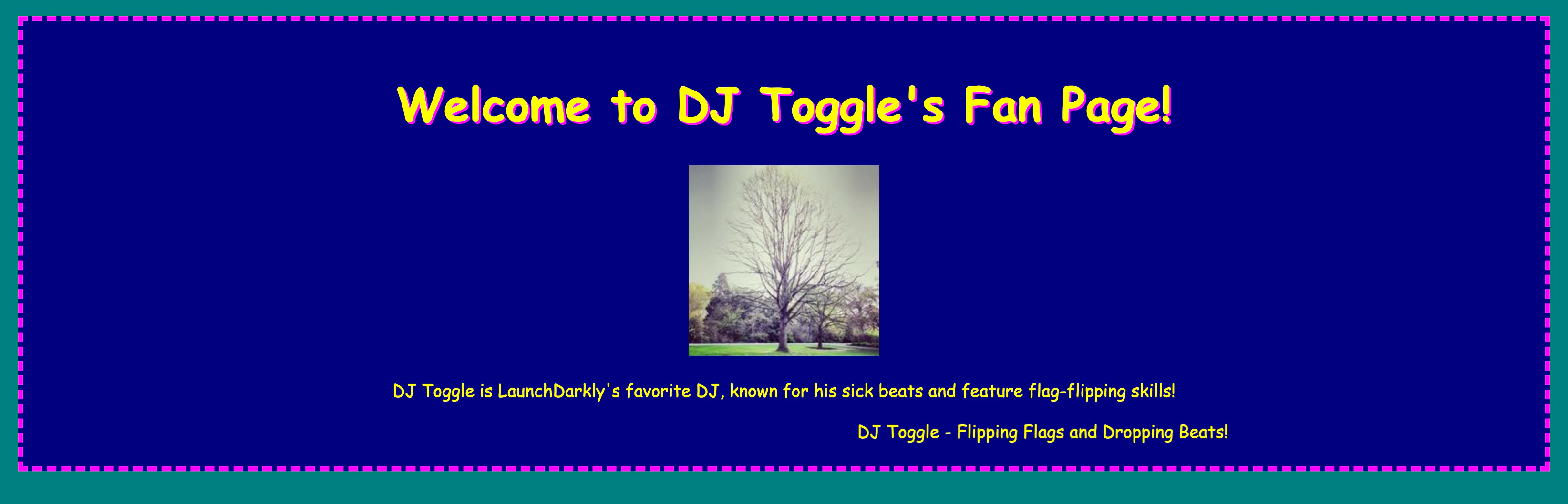 A DJ Toggle Fan Page with yellow text on a blue box with a yellow border. there is a purple border surrounding it.