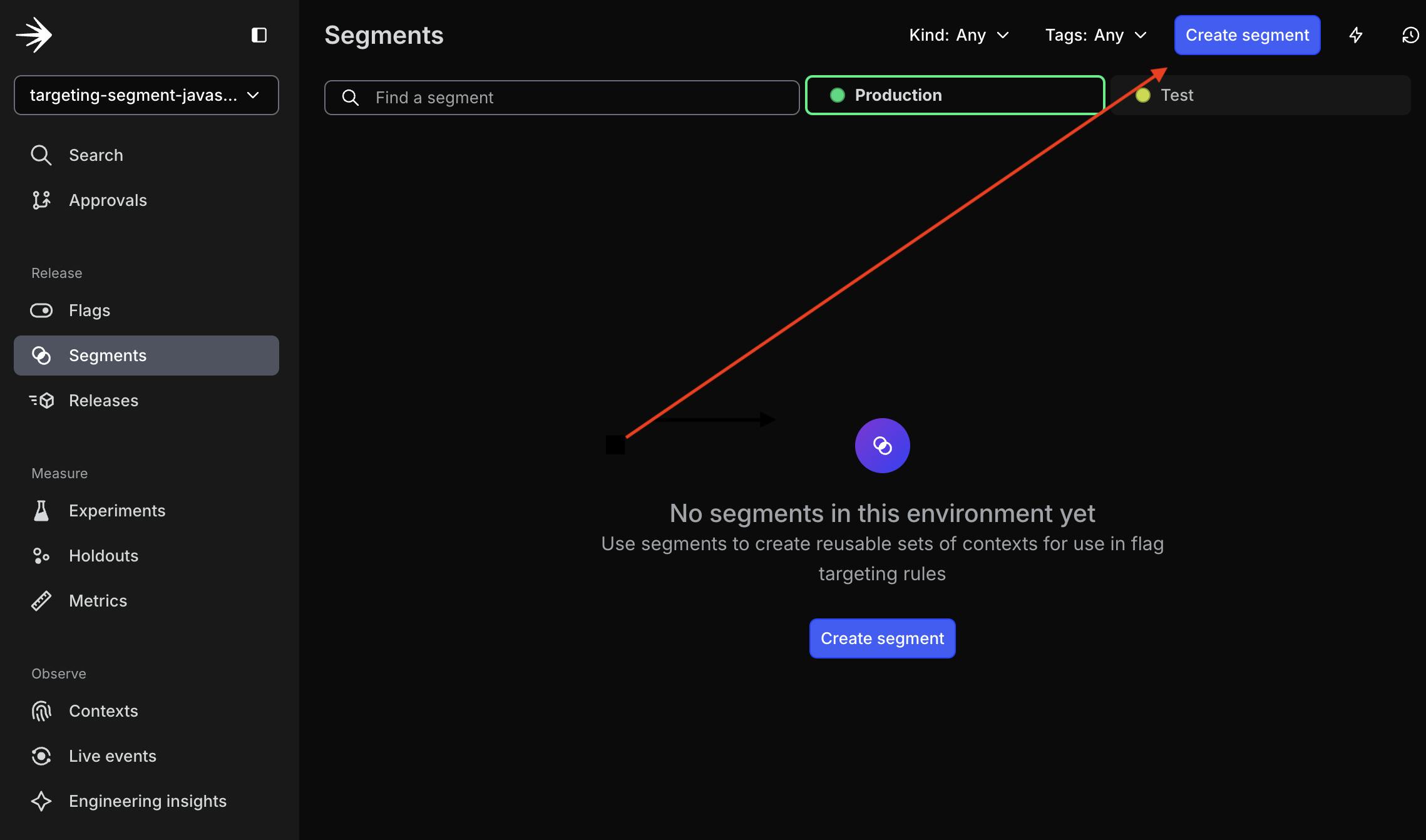 Screenshot of LaunchDarkly UI for creating a segment.