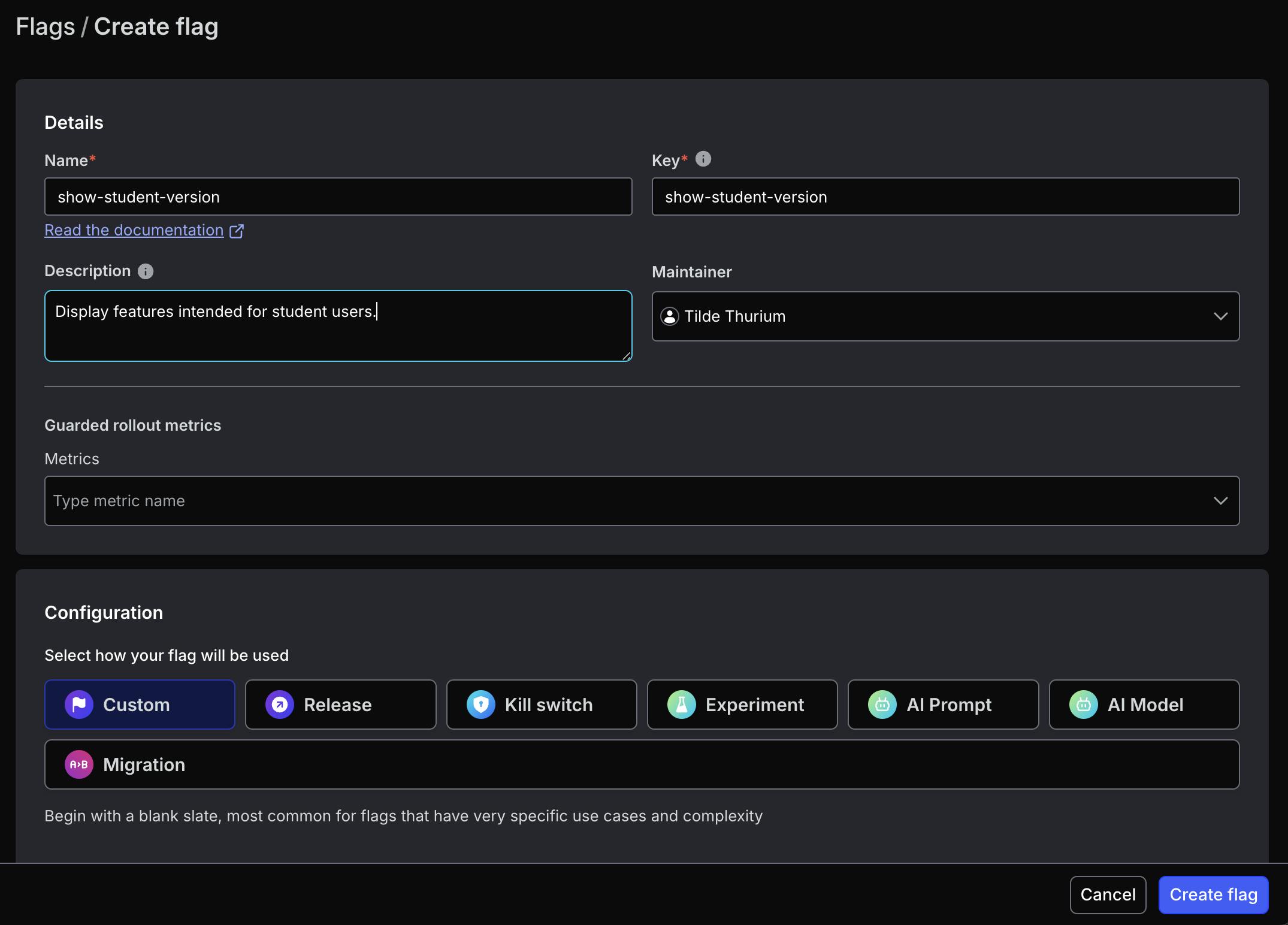 Describe a flag's purpose and create a key to refer to it later in your code.