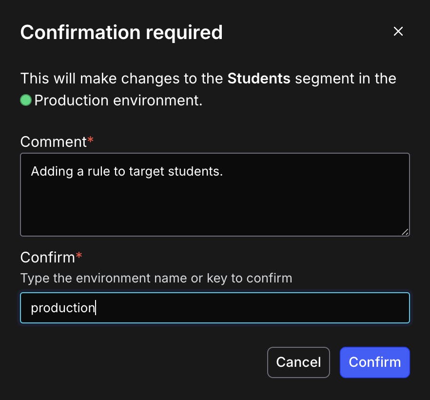 Dialog box requiring confirmation before rule is added in Production.