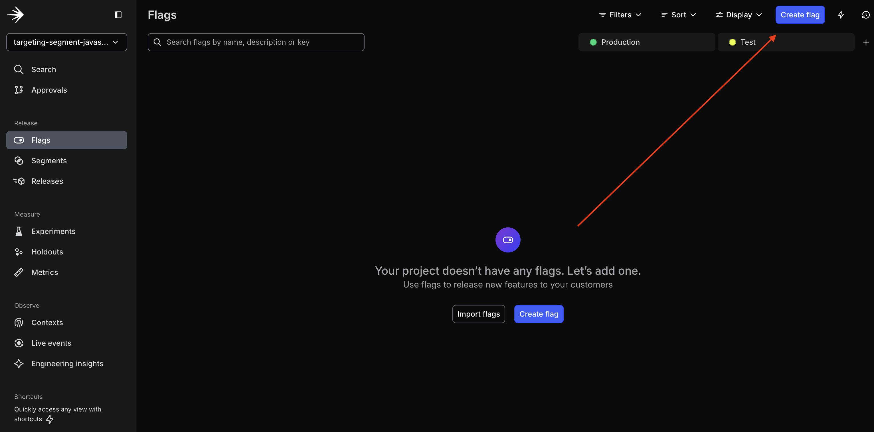 Empty state for flag creation flow. You can click either of the "Create flag" buttons.