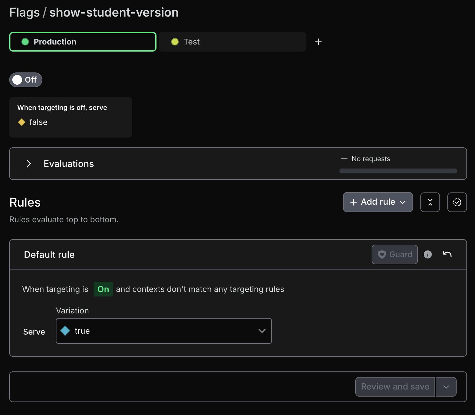 UI for adding a rule to a flag in a Production environment.