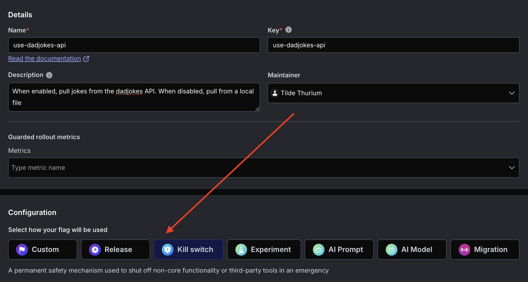 Screenshot demonstrating how to configure a kill switch flag.