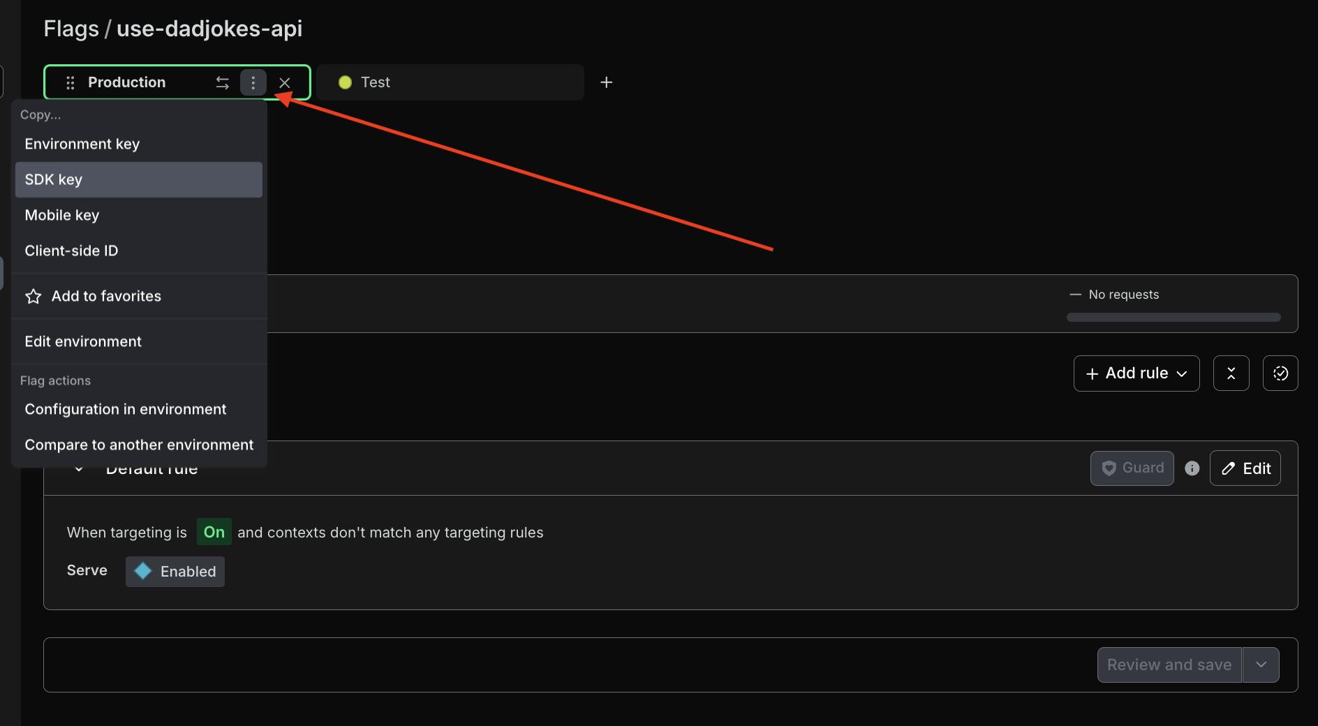 Screenshot demonstrating how to copy the LaunchDarkly SDK key from the flag configuration screen.