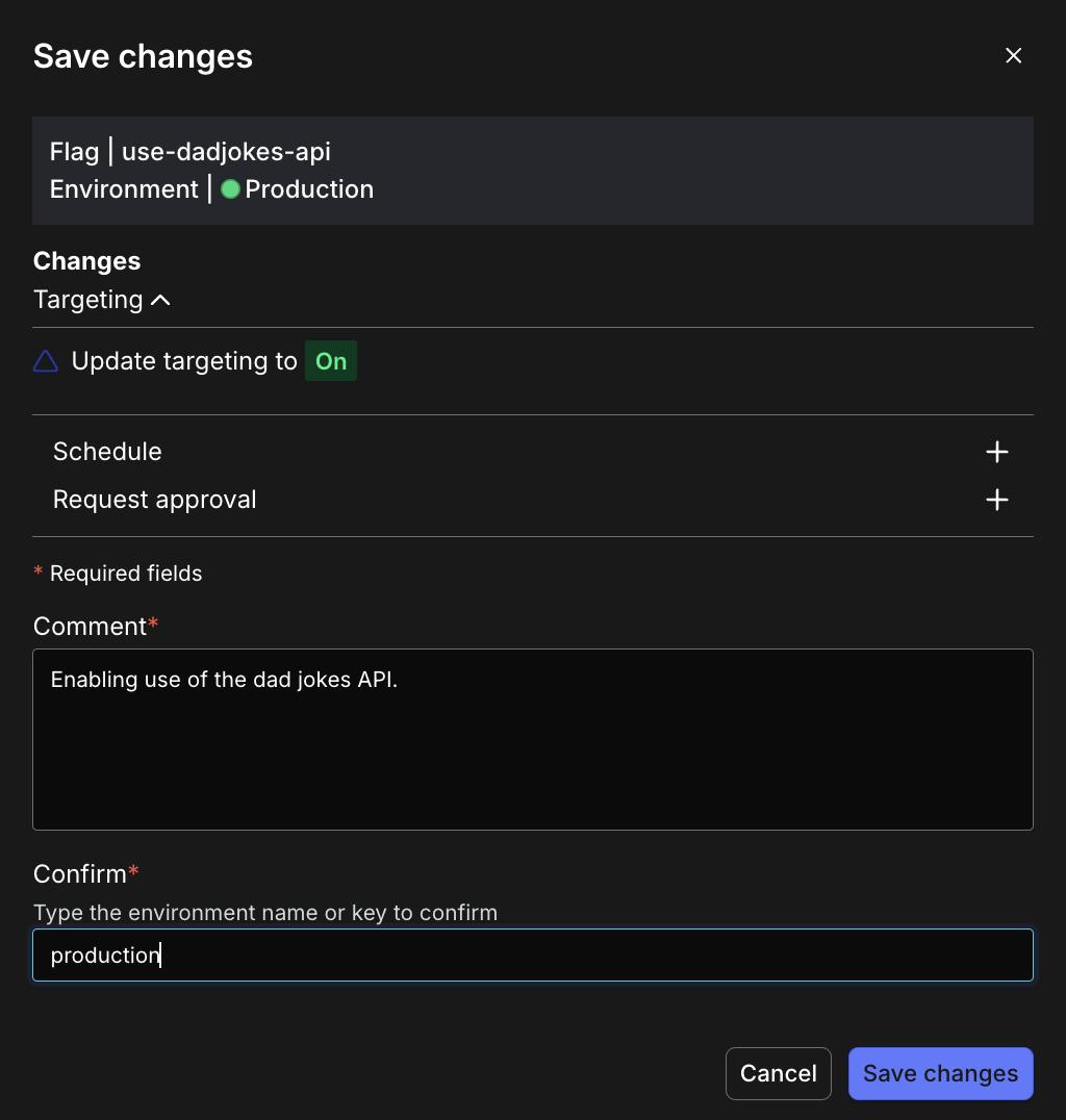 Screenshot demonstrating "Save changes" confirmation dialog for enabling a kill switch flag.