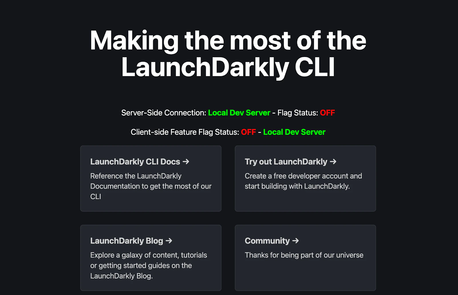 LaunchDarkly page with server-side and client-side feature flag statuses, both set to OFF for the local dev server.