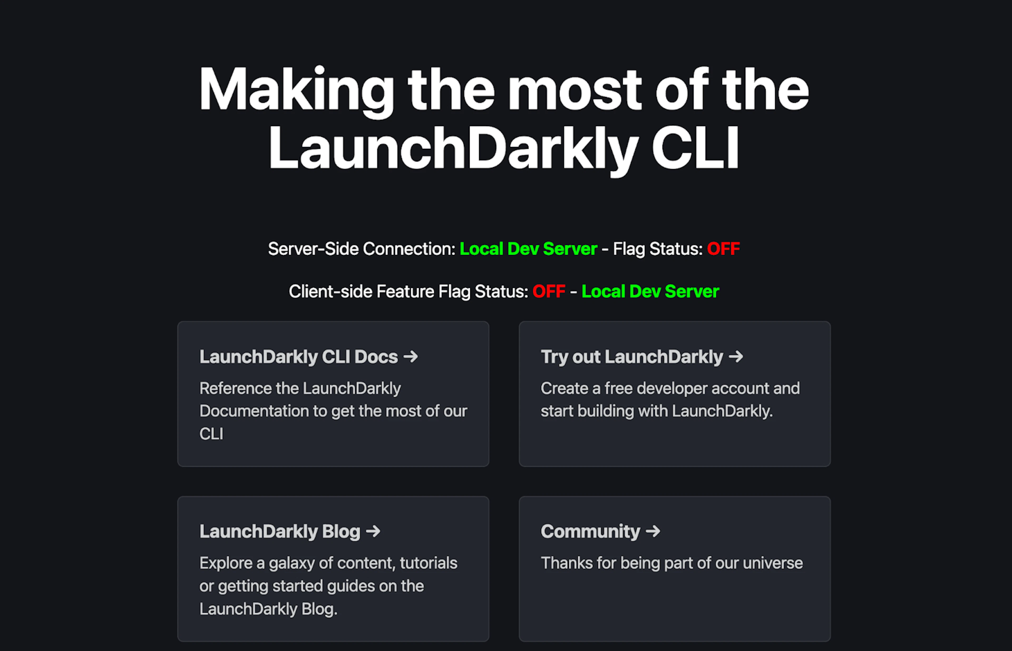 LaunchDarkly page with server-side and client-side feature flag statuses, both set to OFF for the local dev server.