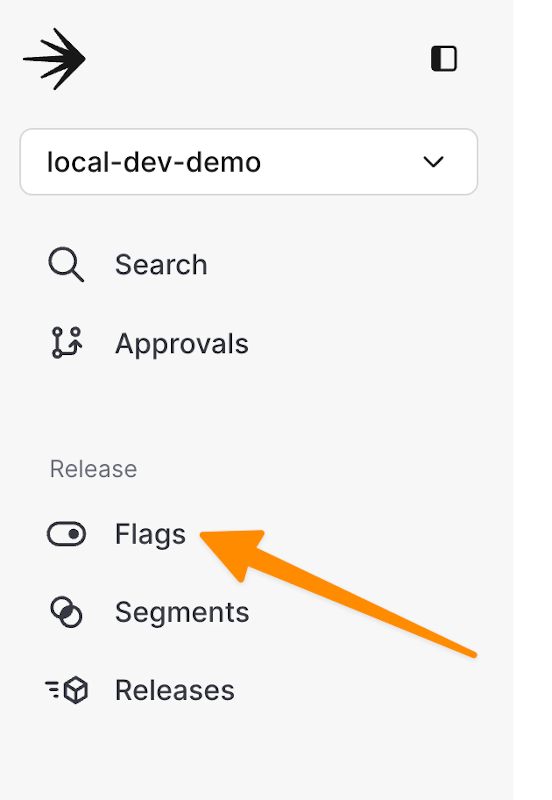 Navigation menu in LaunchDarkly's UI with an arrow pointing to the "Flags" section under the "Release" category.