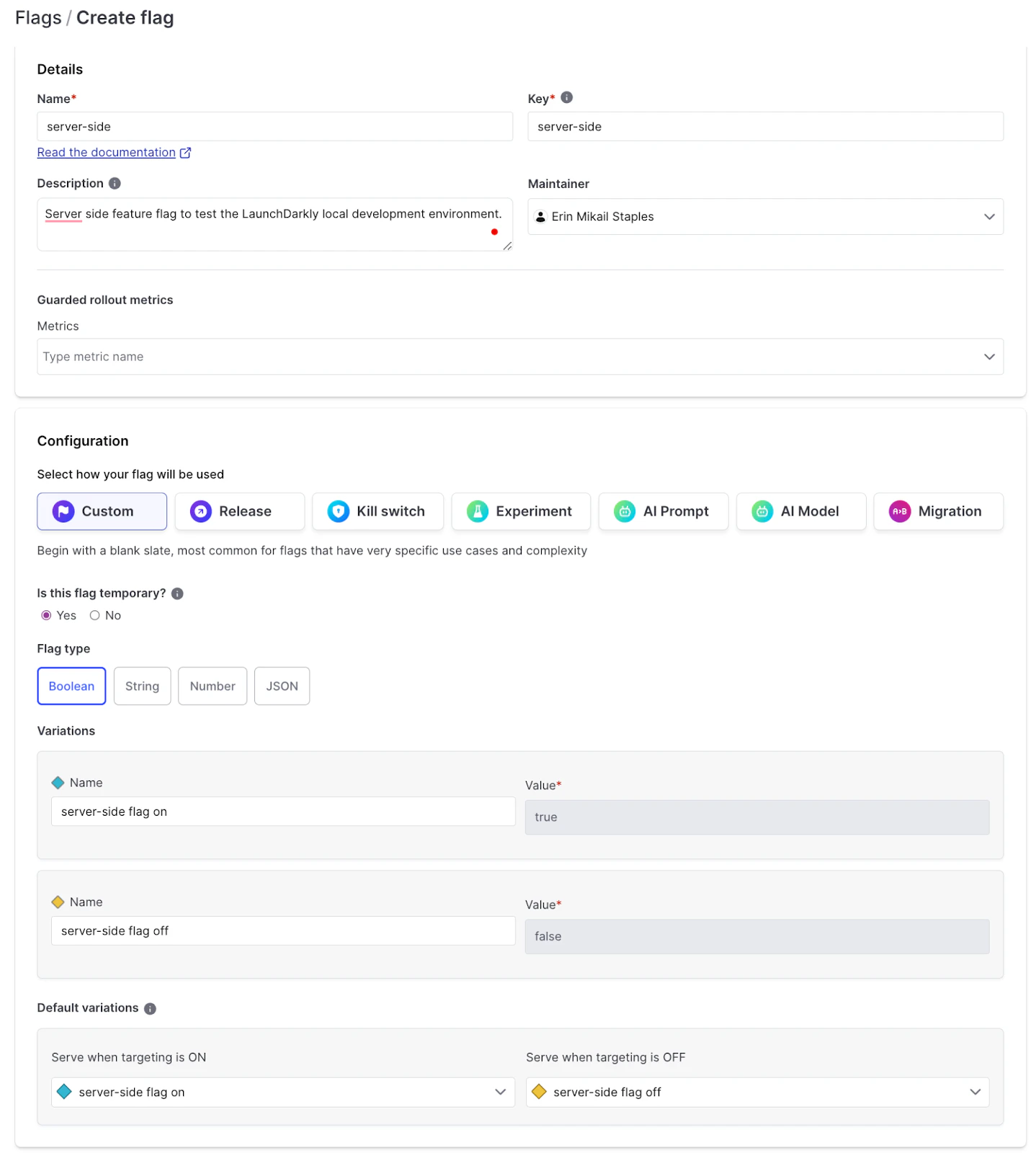 Creation form for a new feature flag in LaunchDarkly, filled with details about a server-side feature flag configuration.