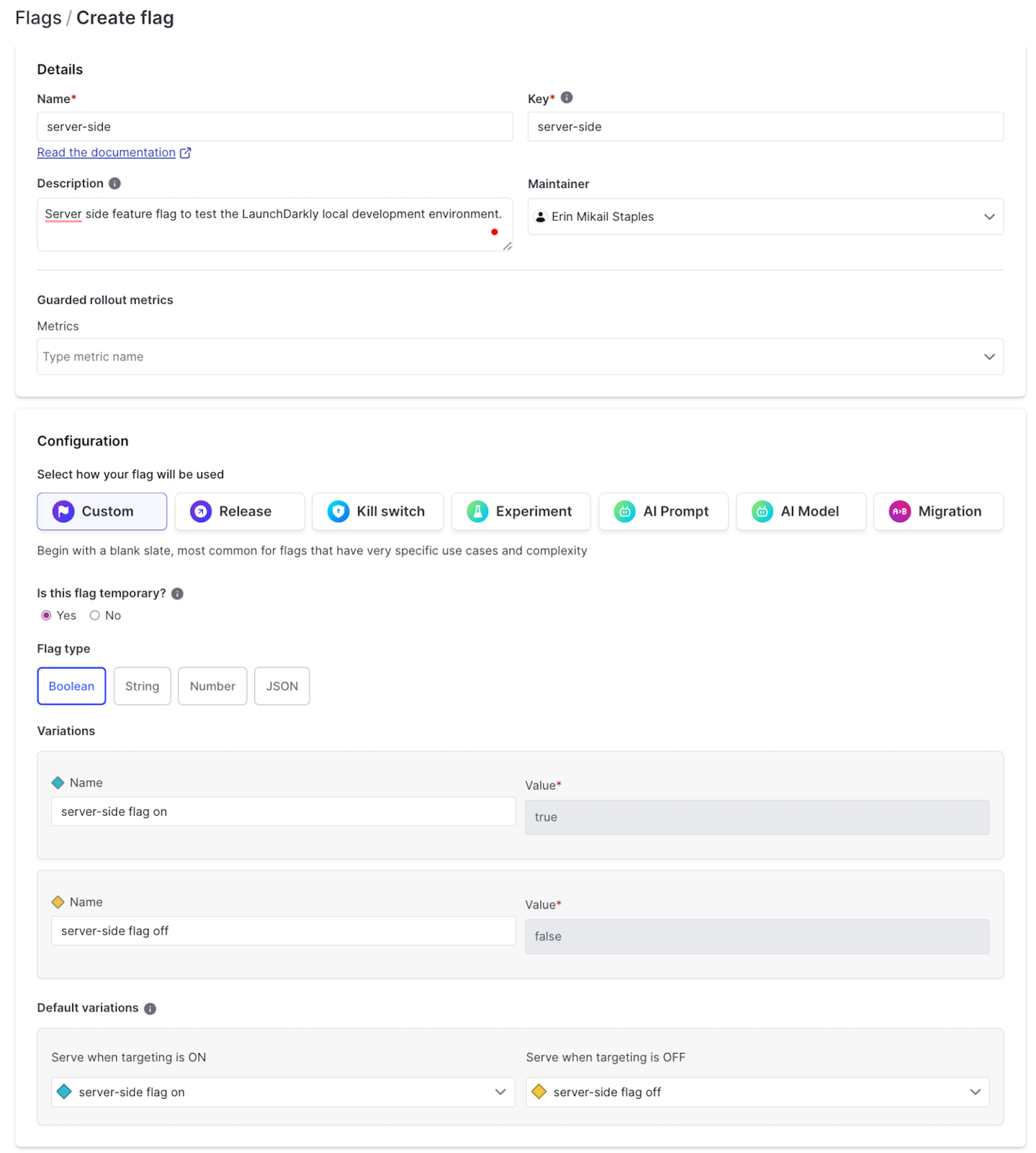 Creation form for a new feature flag in LaunchDarkly, filled with details about a server-side feature flag configuration.