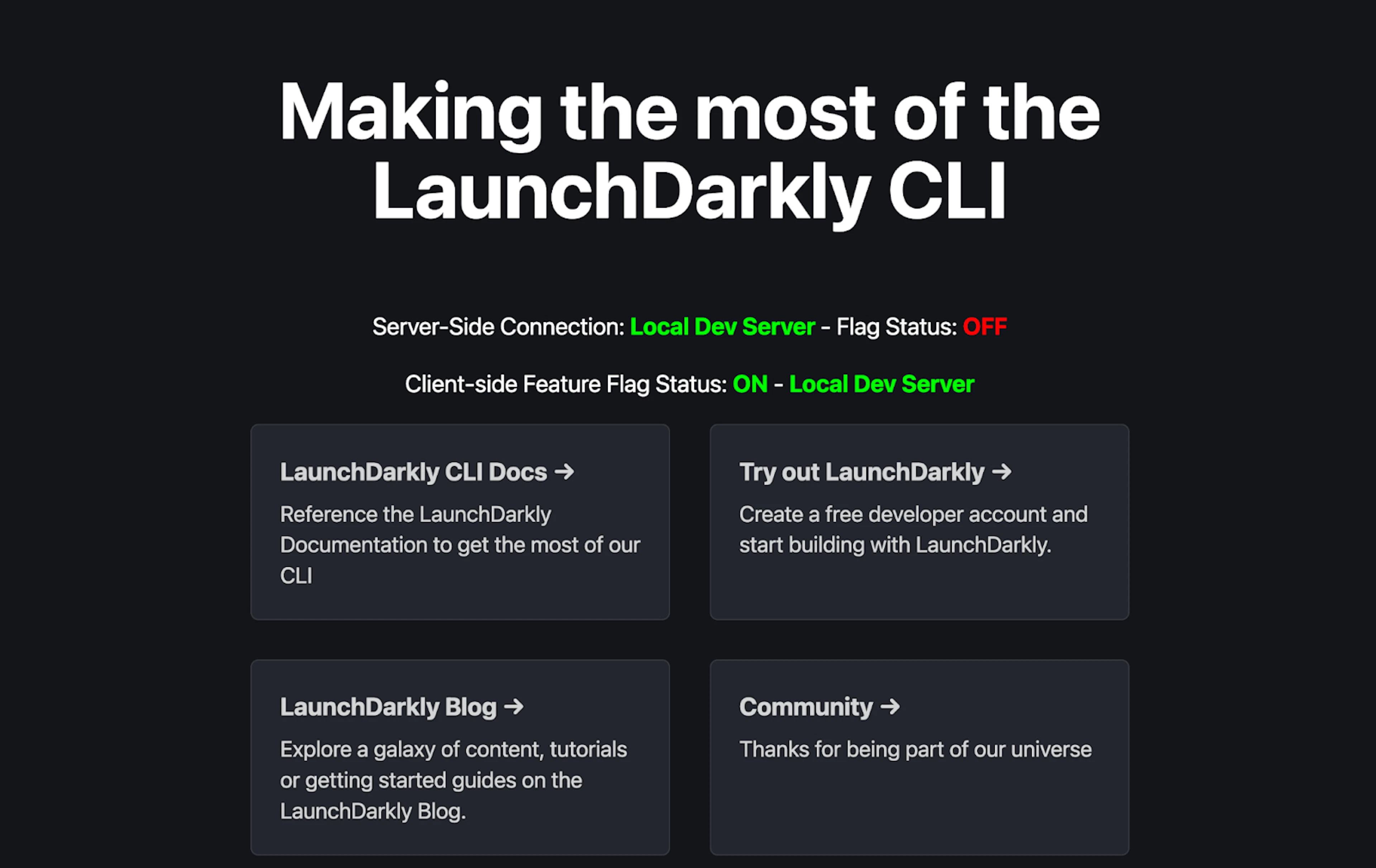 LaunchDarkly CLI demo page showing server-side and client-side flag statuses, with the server-side flag set to ON and client-side flag set to OFF for the local dev serve