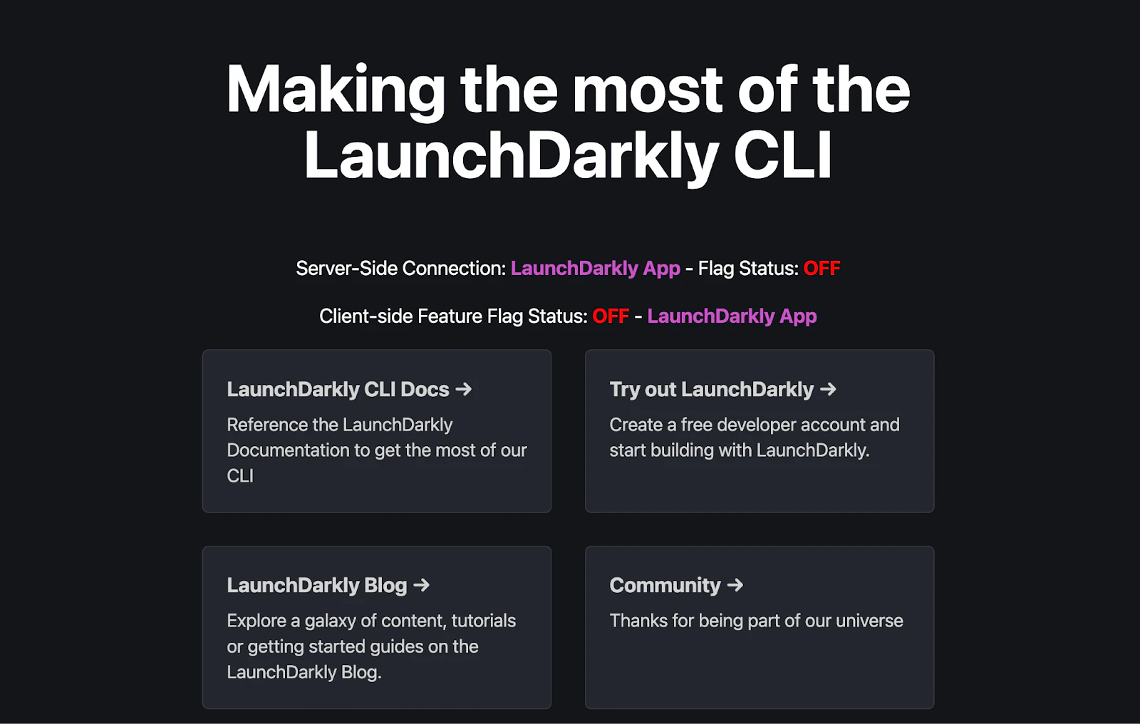 interface showing both server-side and client-side feature flags set to OFF for the LaunchDarkly App, with links to CLI documentation, blog, and community resources.