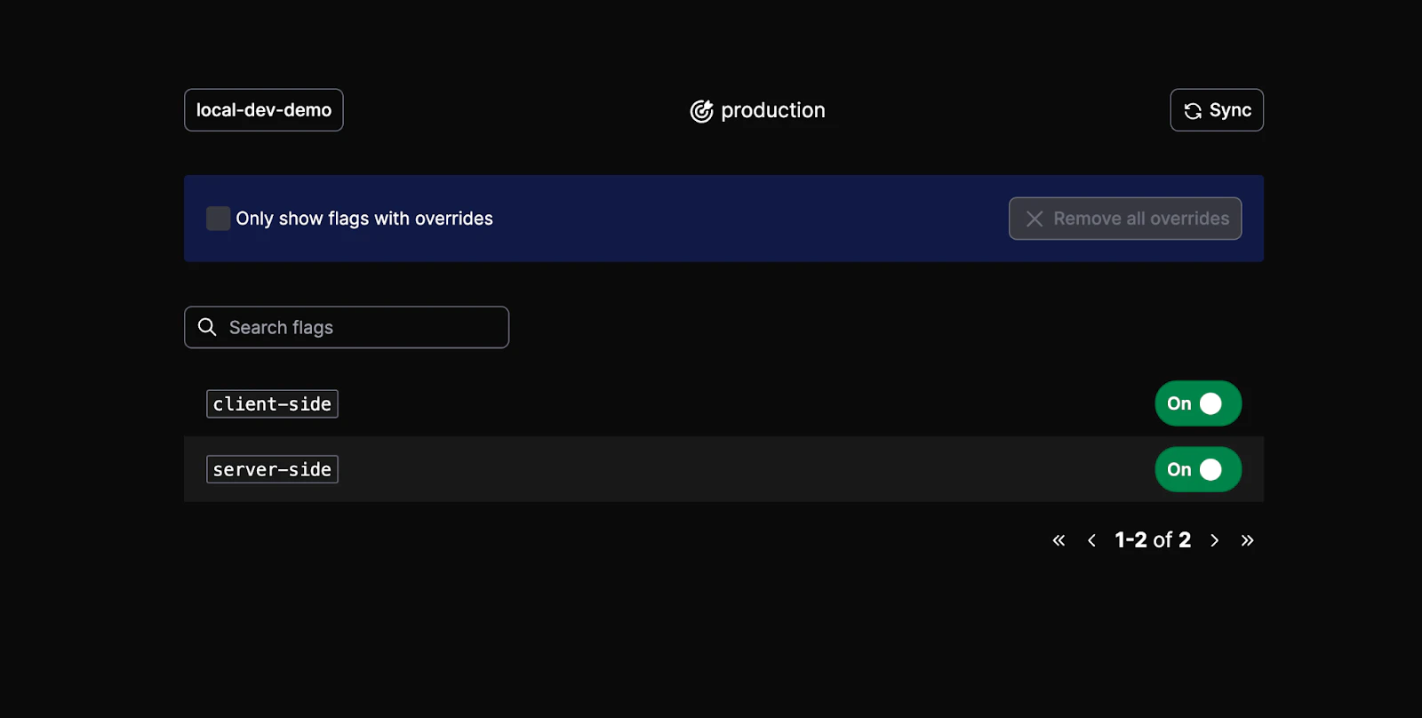 LaunchDarkly Local Dev Server UI flag management screen showing toggles for client-side and server-side flags, both turned on.