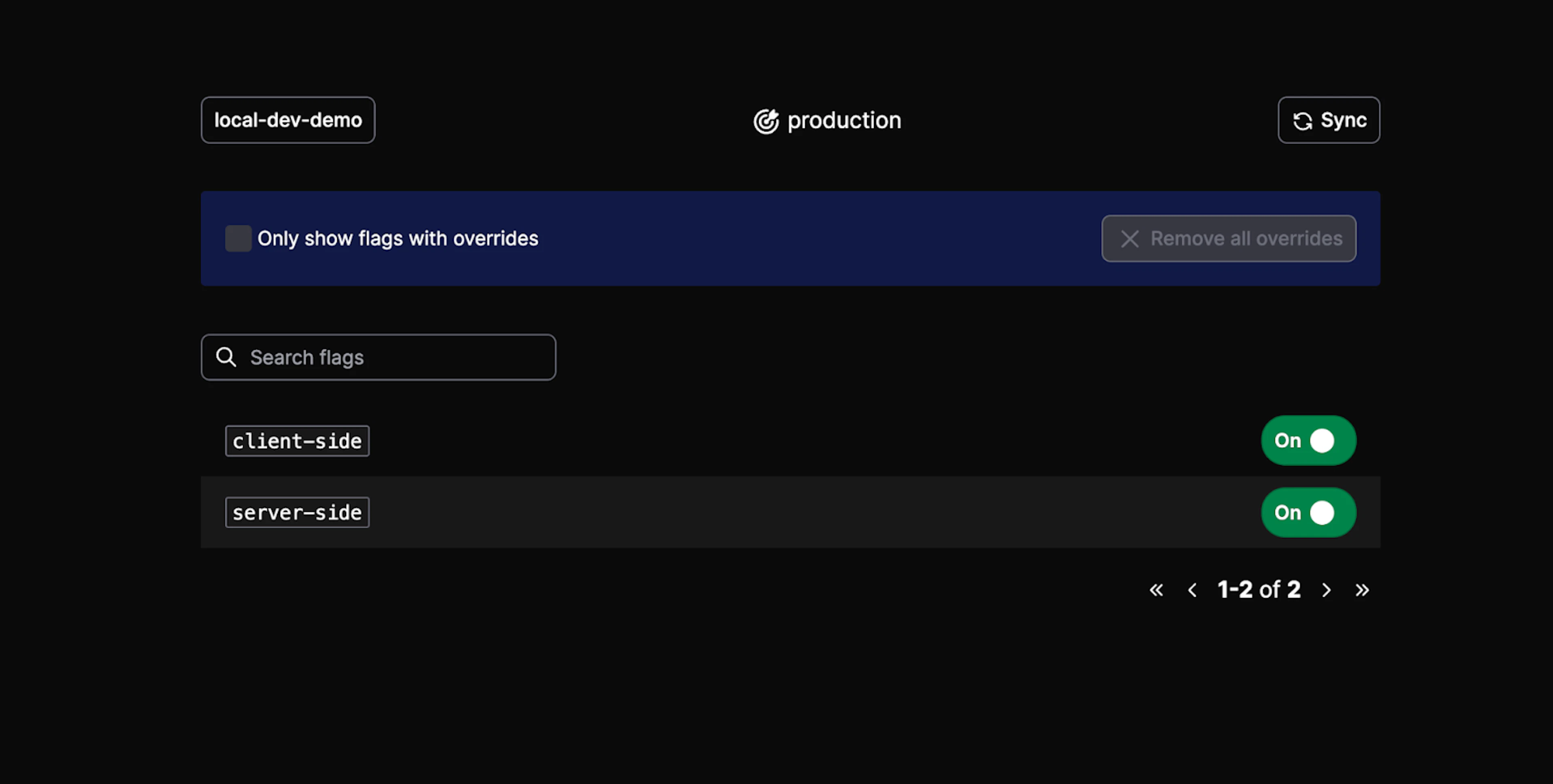 LaunchDarkly Local Dev Server UI flag management screen showing toggles for client-side and server-side flags, both turned on.