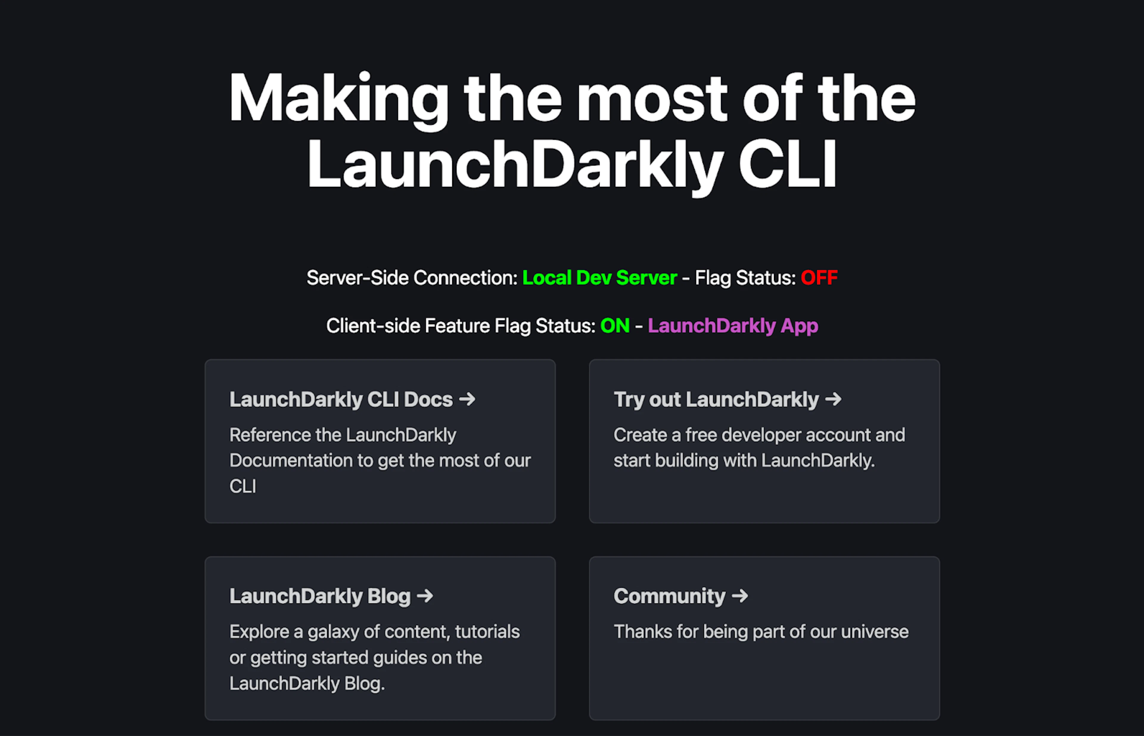 Example App page showing server-side and client-side flag statuses, with the server-side flag set to OFF and client-side flag set to ON for the local dev server.