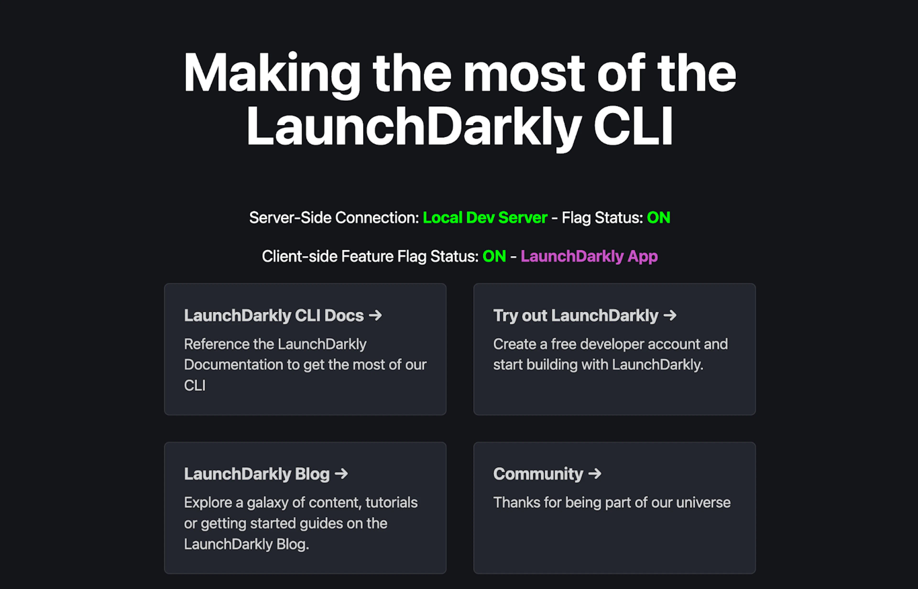 LaunchDarkly CLI page with server-side and client-side flags, where the server-side flag is running on the Local Dev Server set to ON and client-side flag set to ON