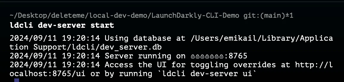 Command line interface output showing the LaunchDarkly development server starting with details about database location and UI access at localhost.