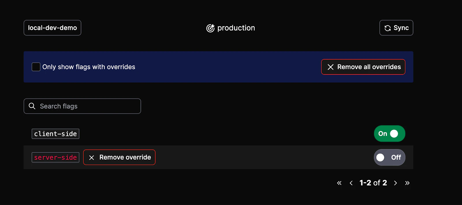 LaunchDarkly CLI interface with server-side and client-side flags, where the server-side flag is set to OFF and client-side flag set to ON for the local dev server.