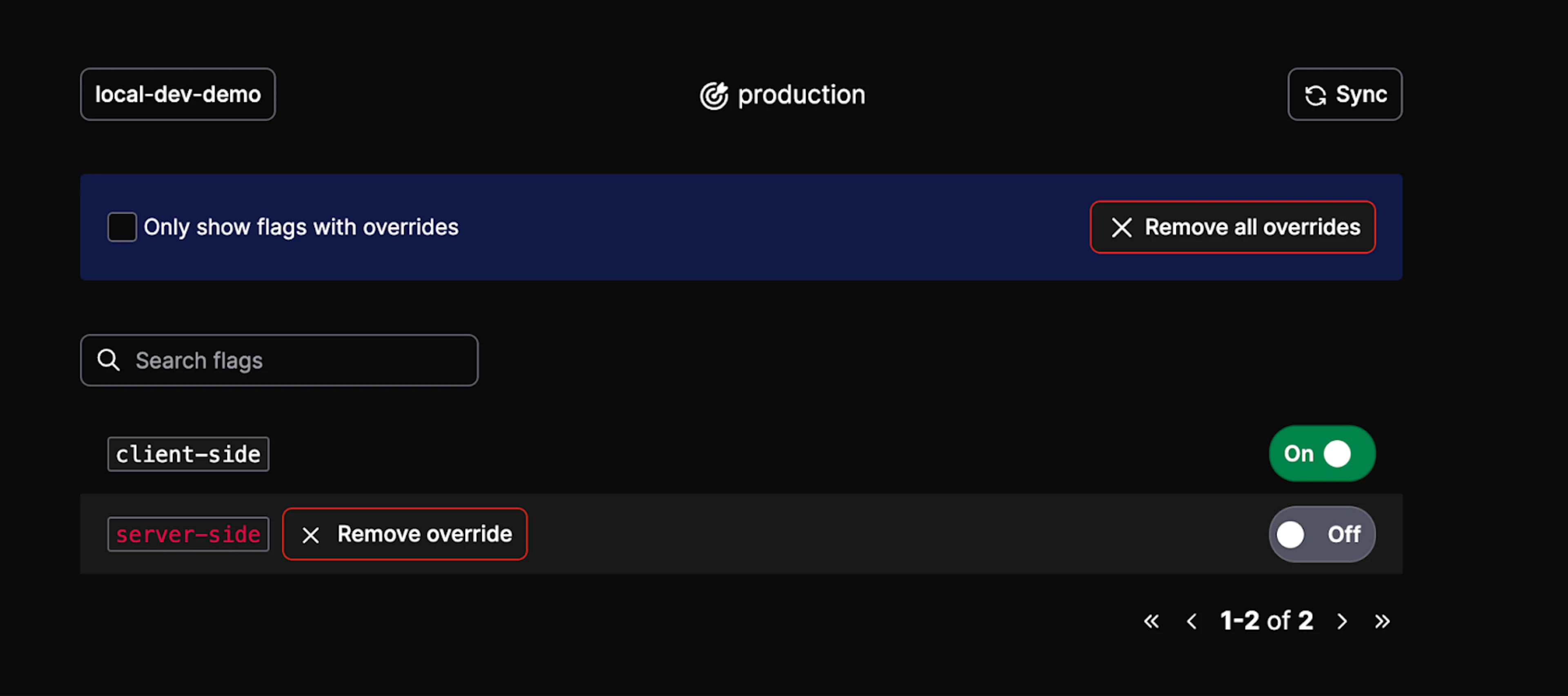 LaunchDarkly CLI interface with server-side and client-side flags, where the server-side flag is set to OFF and client-side flag set to ON for the local dev server.