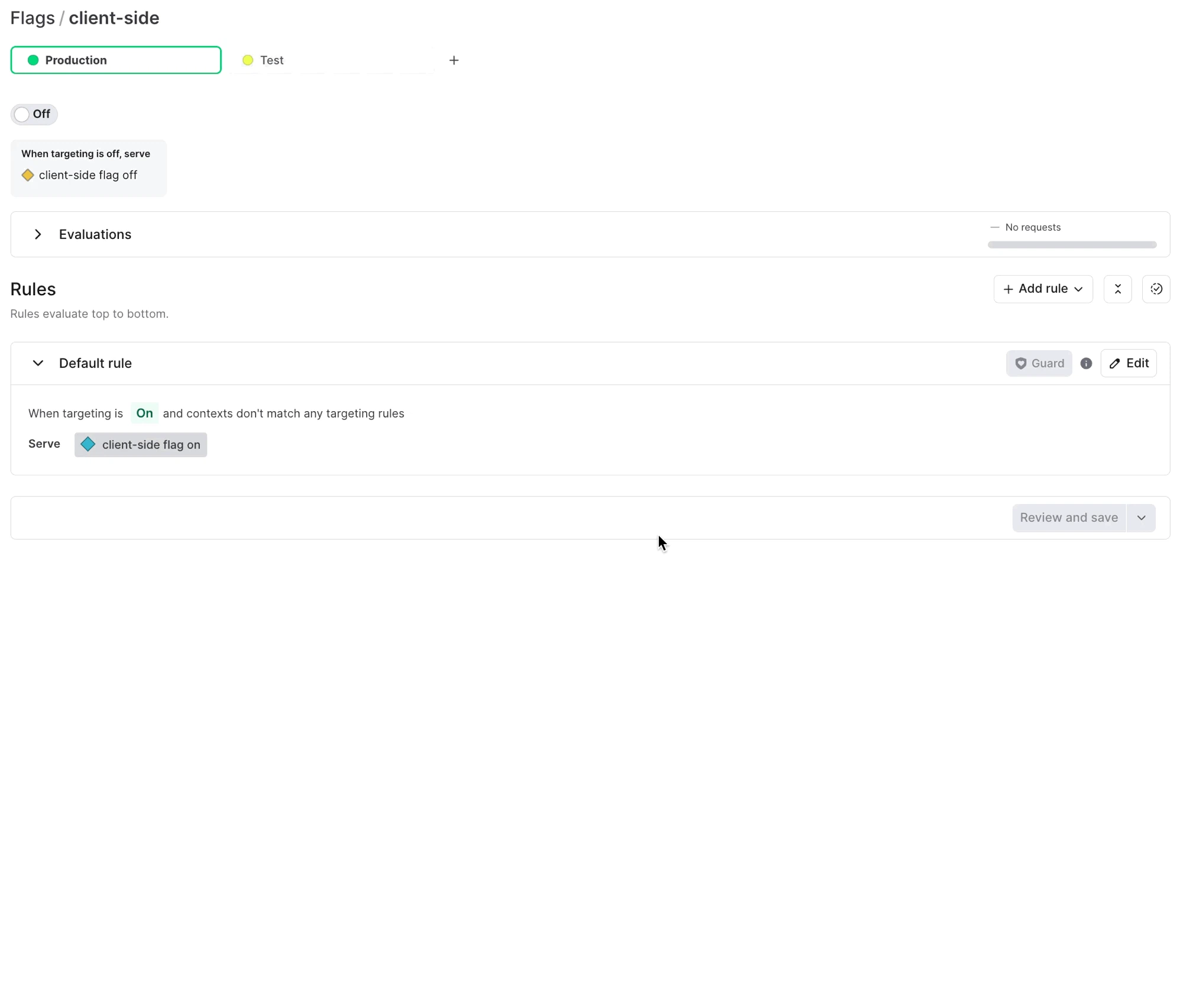 LaunchDarkly feature flag management screen showing a client-side flag configuration in production, with targeting rules and default serving conditions.