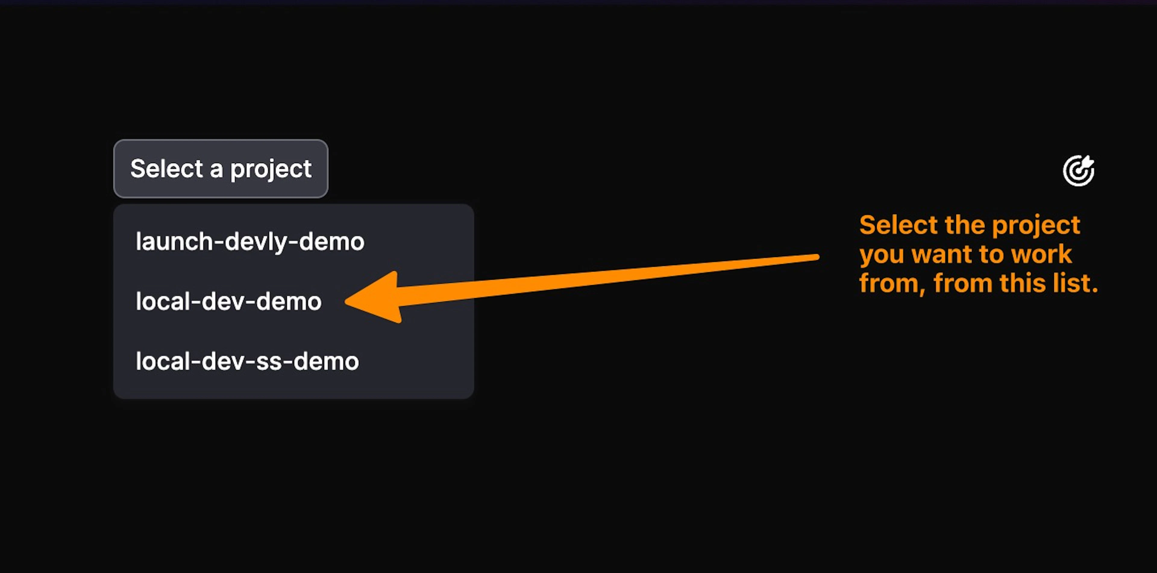 Dropdown menu in LaunchDarkly's local development server interface displaying a list of projects with an orange arrow pointing to "local-dev-demo" as the selected project.
