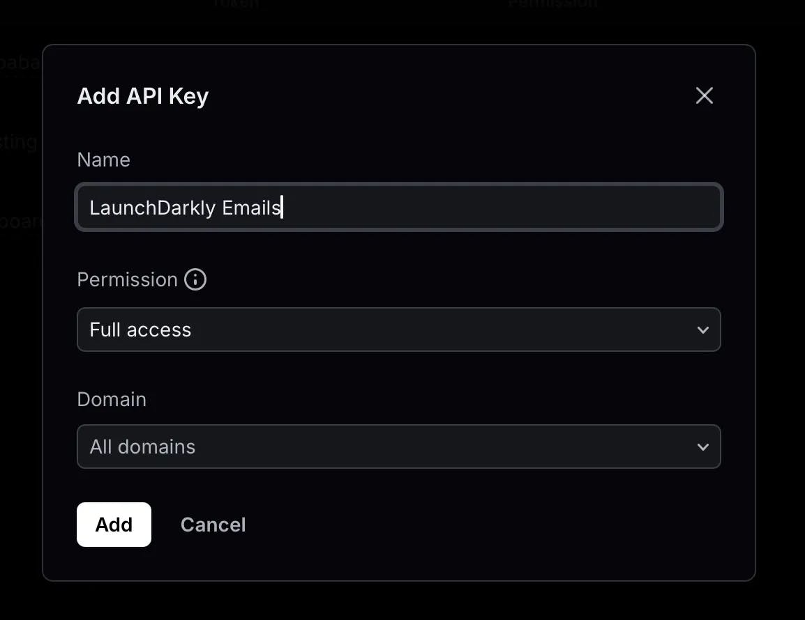 Screenshot of the dialog for creating a new Resend API key.