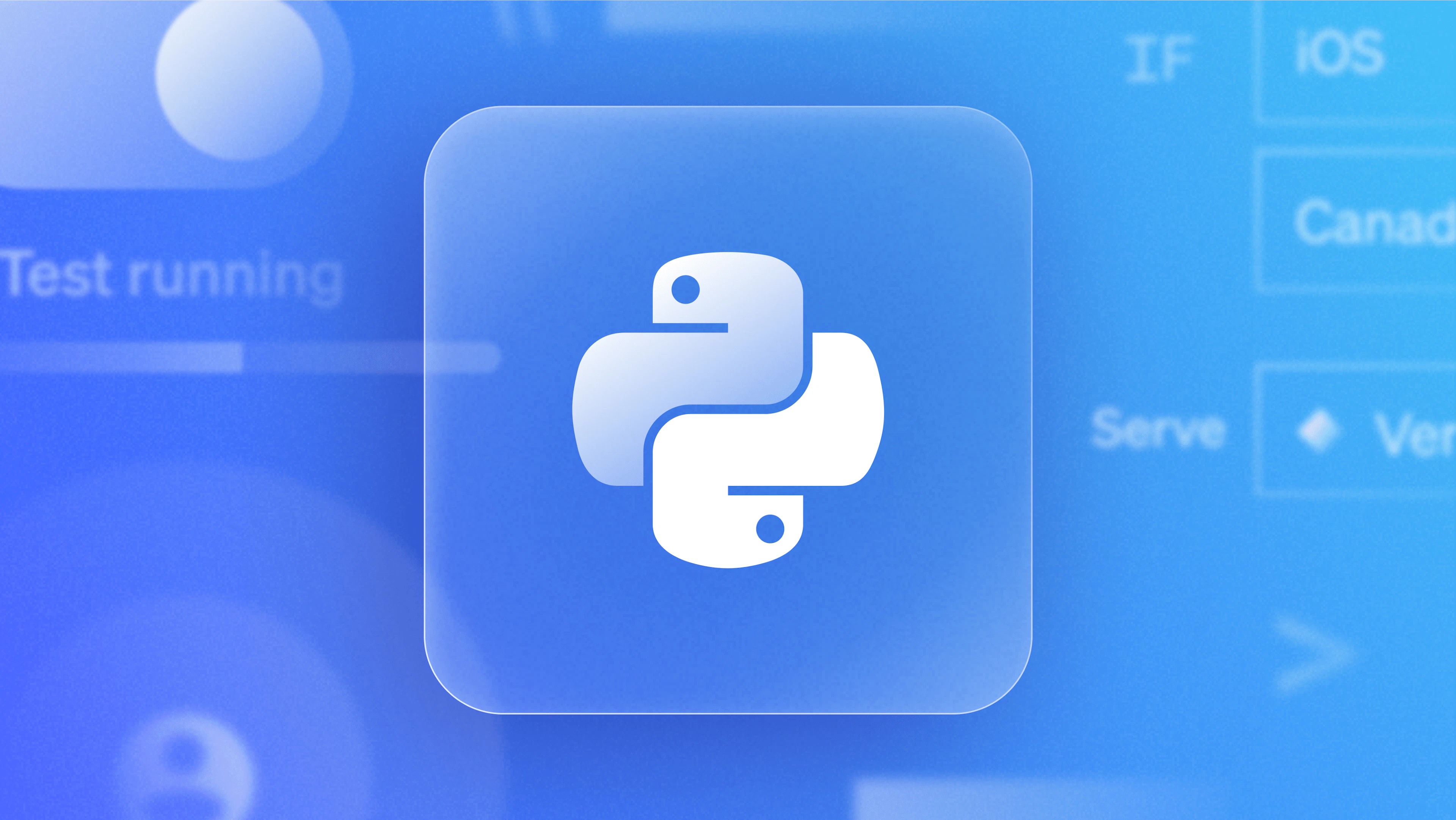 Python logo displayed against a blue background with blurred text and interface elements in the background.