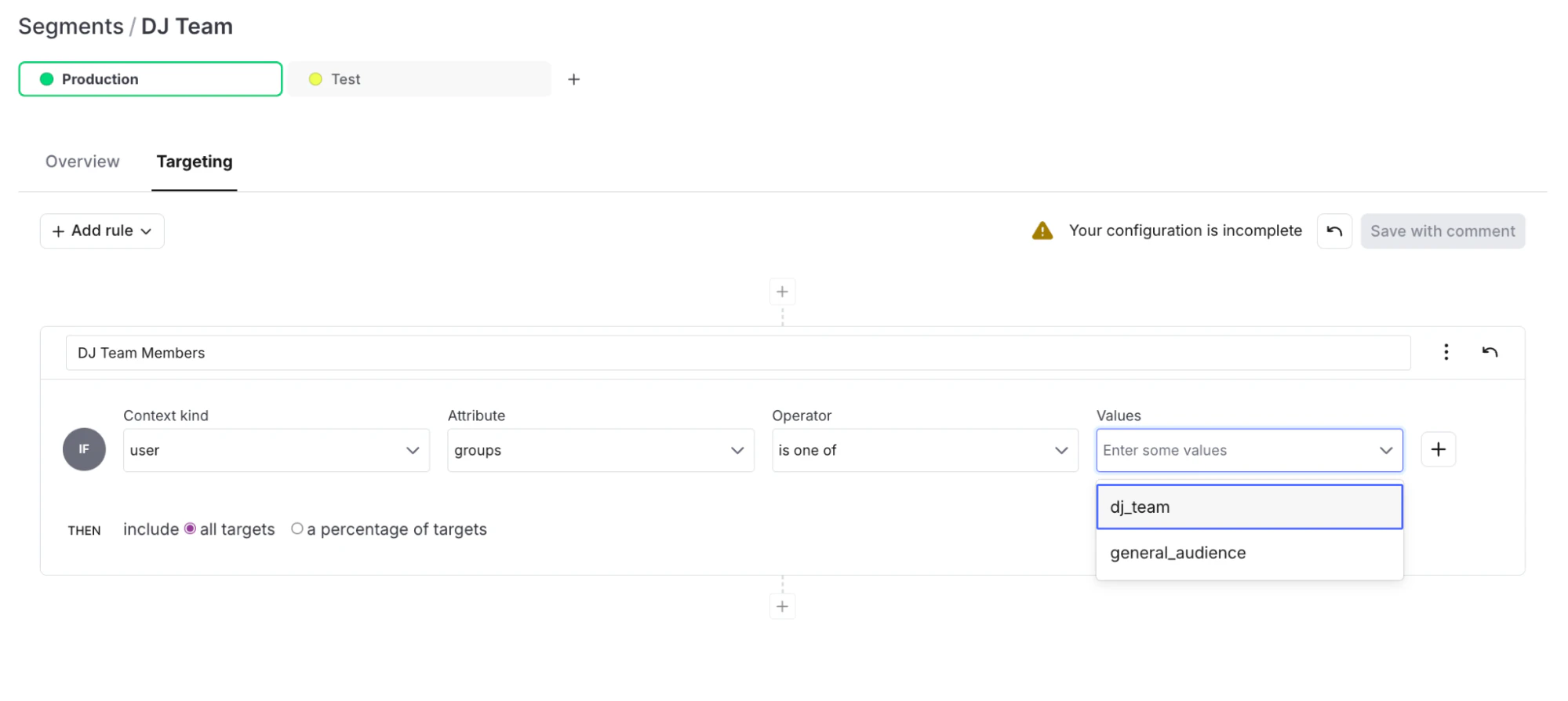 Targeting configuration screen for full tracklist, showing DJ team-specific targeting rules and default rules for top hits.