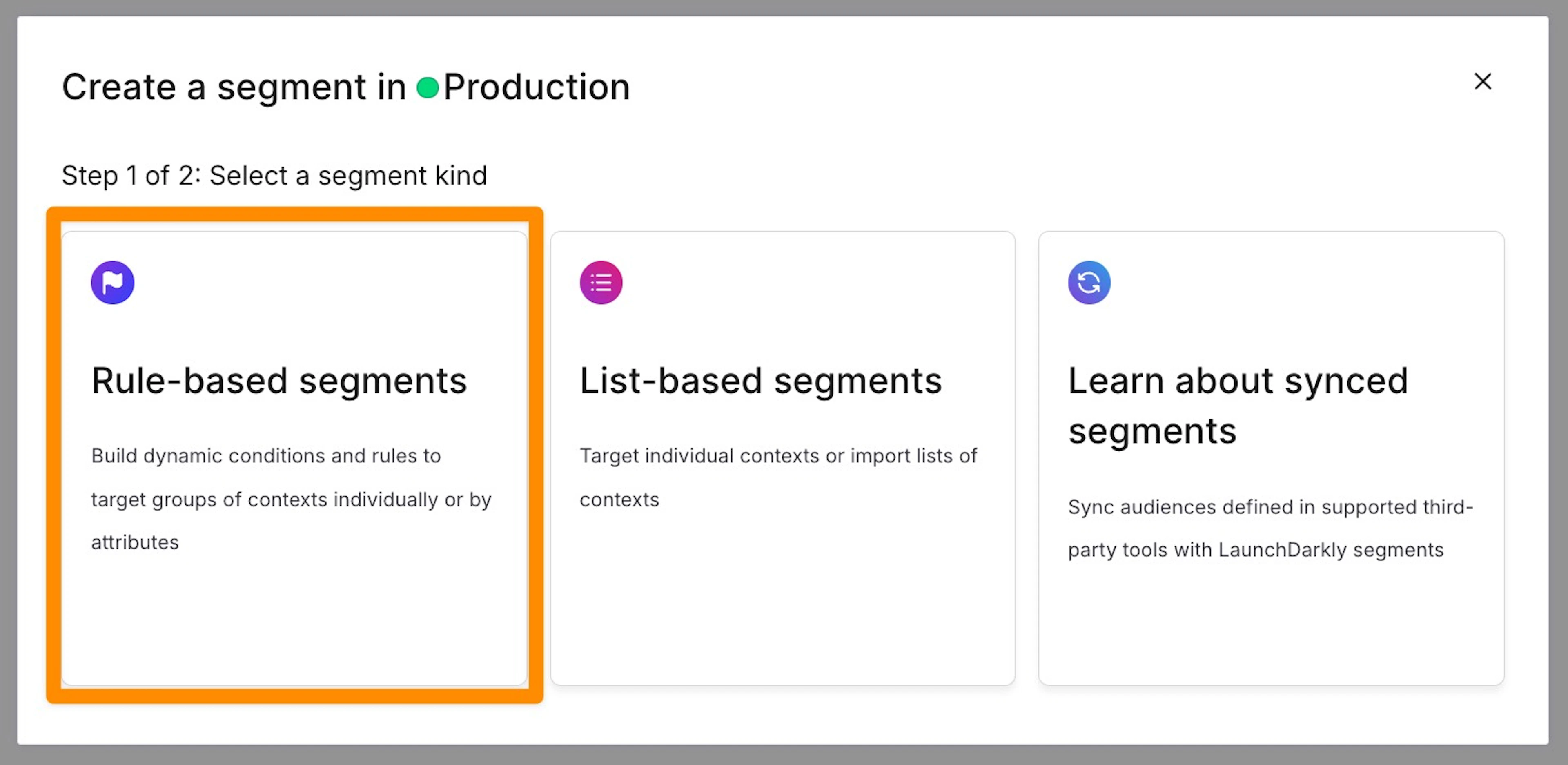 Segment creation interface in a production environment with options to create rule-based segments, list-based segments, or learn about synced segments.