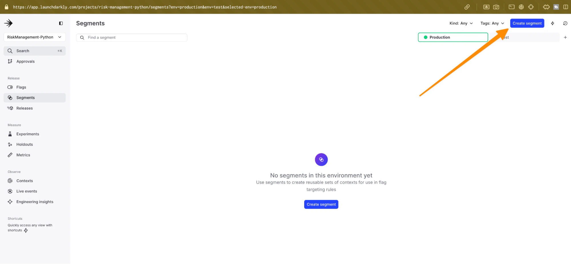 Segments page in a production environment showing an option to create a new segment.