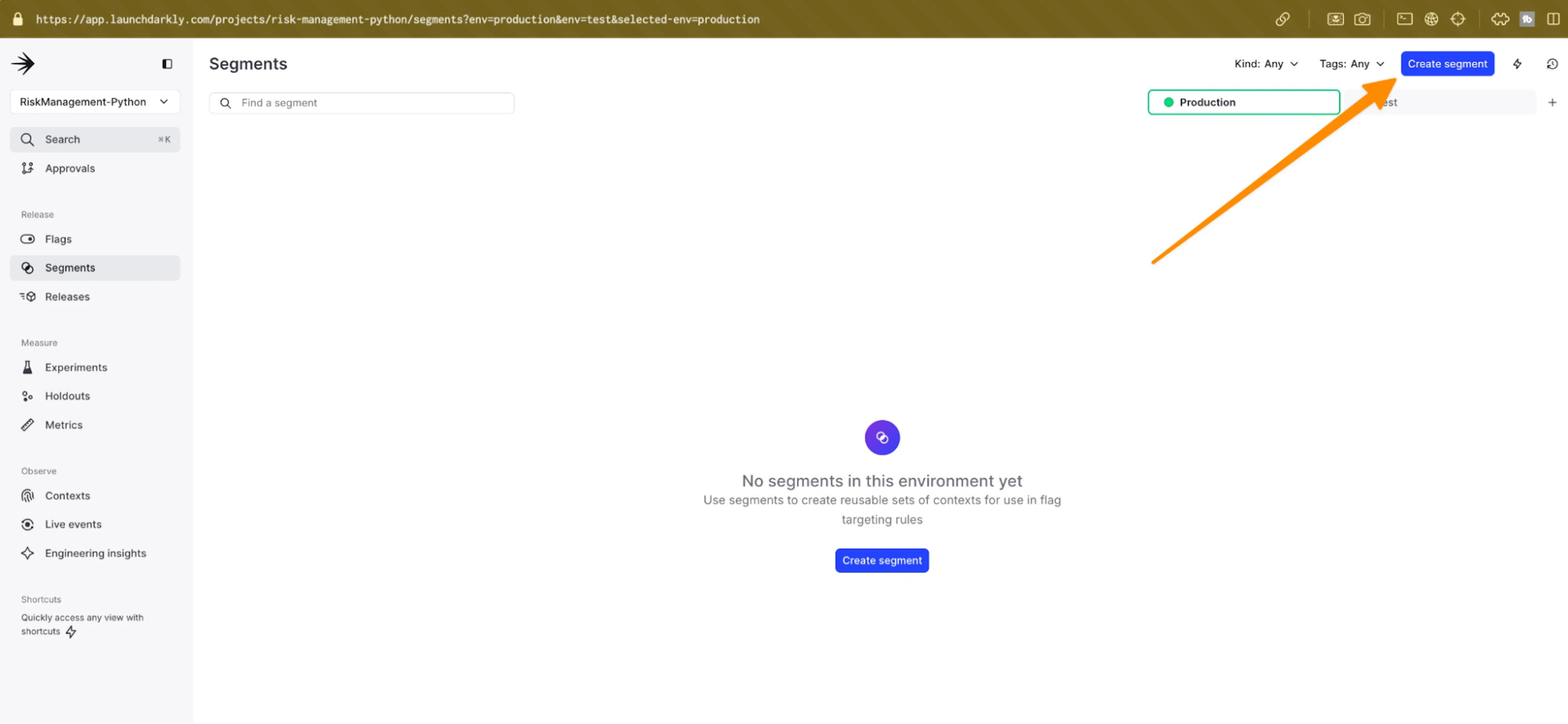Segments page in a production environment showing an option to create a new segment.