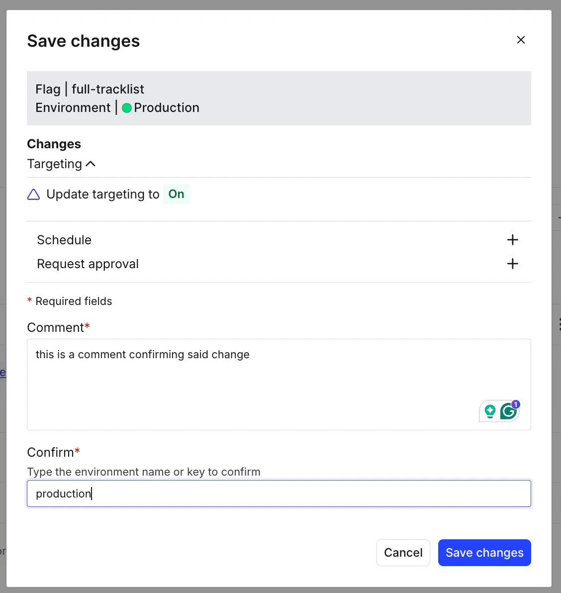 Save changes modal for a flag in a production environment, including fields for comments and environment confirmation.
