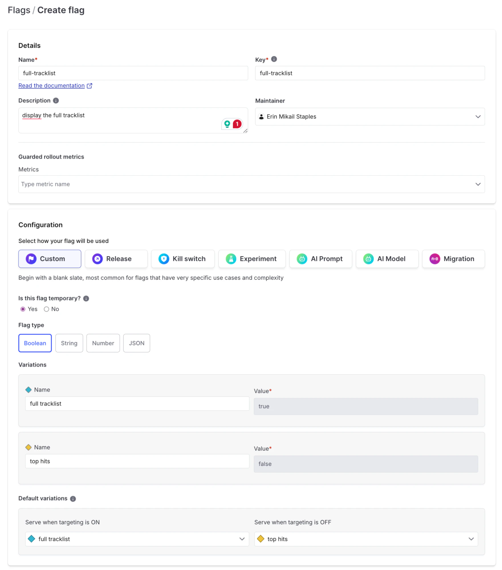 Flag creation interface showing configurations for a full tracklist flag, including variations and flag type settings.