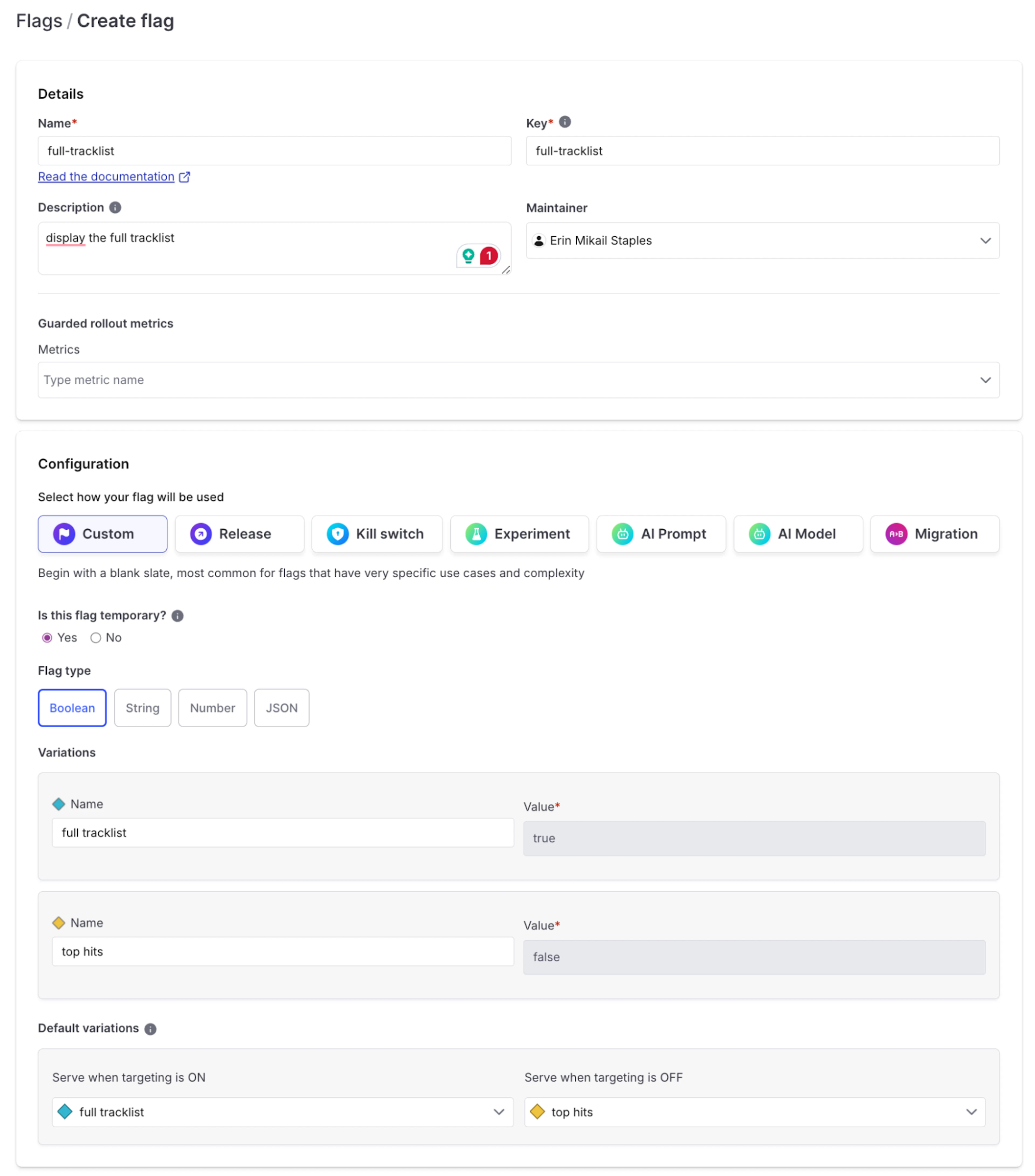 Flag creation interface showing configurations for a full tracklist flag, including variations and flag type settings.