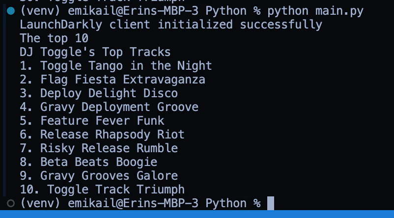 Terminal output showing the top 10 tracks from DJ Toggle, initialized with a Python script.