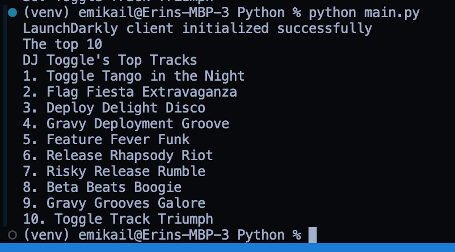 Terminal output showing the top 10 tracks from DJ Toggle, initialized with a Python script.
