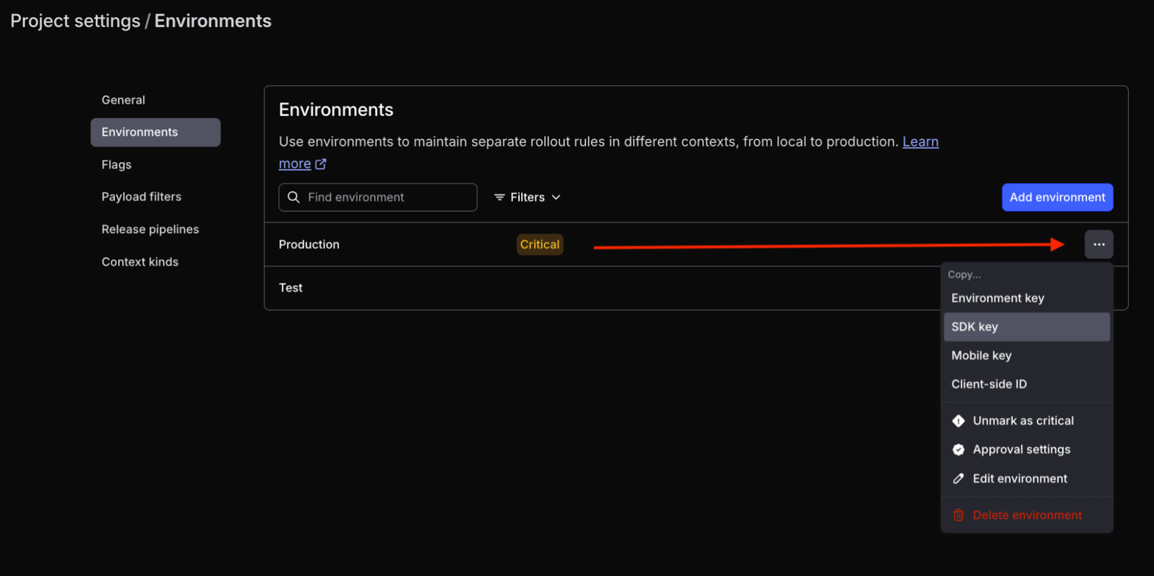 Environment settings screen showing a list of environments, including production and test, with an option to add more and pointing at the option. 
