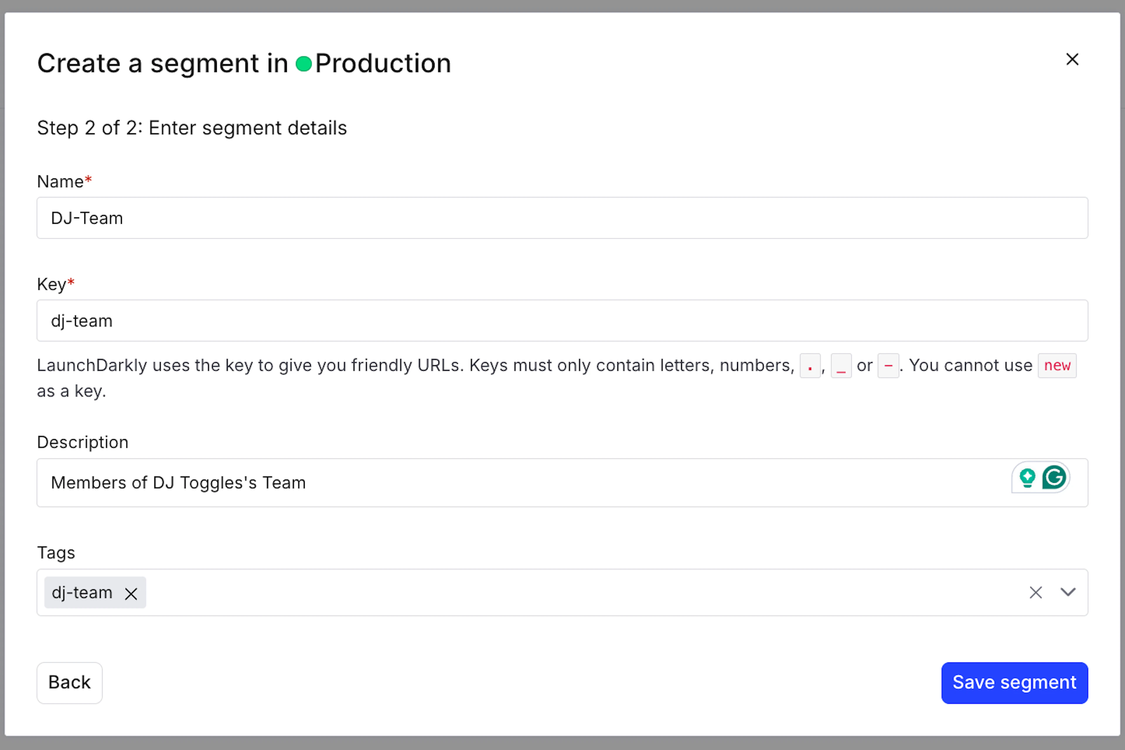 Segment creation screen in a production environment for DJ Team, displaying fields for name, key, and description.