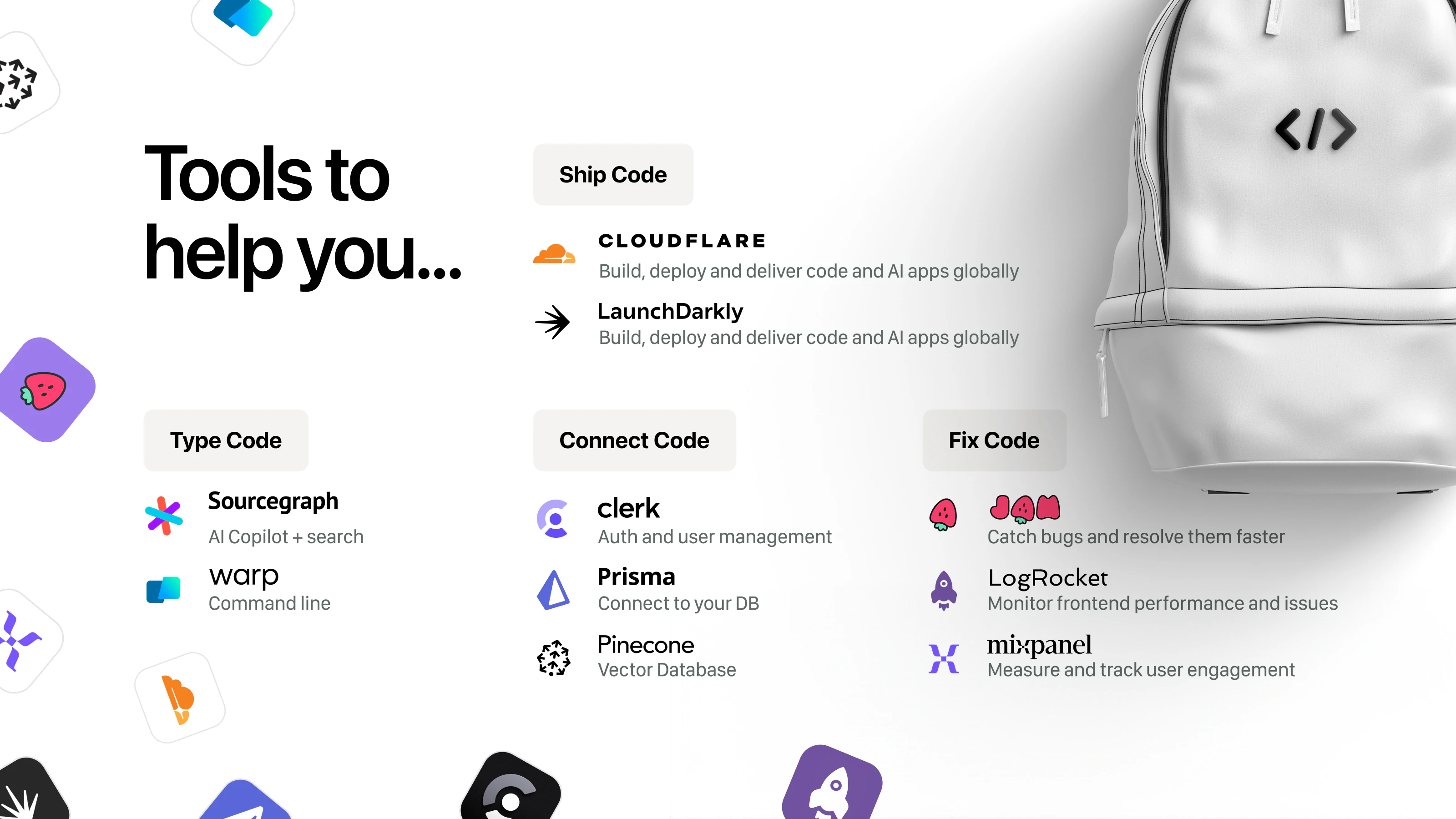 A developer starter pack visual featuring tools for coding, shipping, and debugging software, with icons and logos for tools like Cloudflare, LaunchDarkly, Sourcegraph, Prisma, and more, alongside a backpack with a coding symbol.