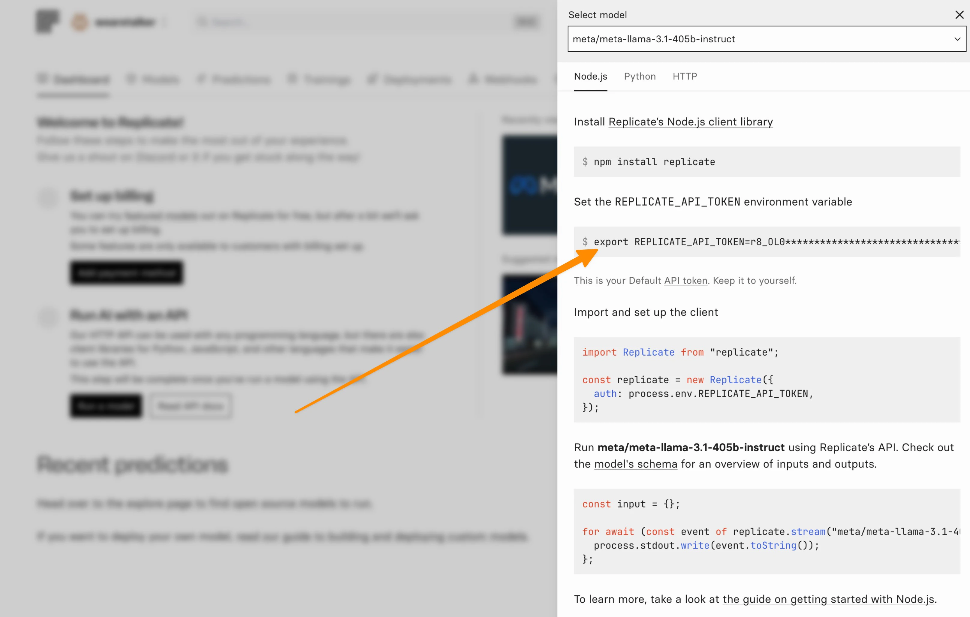 A screenshot showing instructions for setting up Replicate's Node.js client library, including installing the library via npm, setting the API token, and running the Meta LLaMA language model using an API. An orange arrow points to the API token export command.