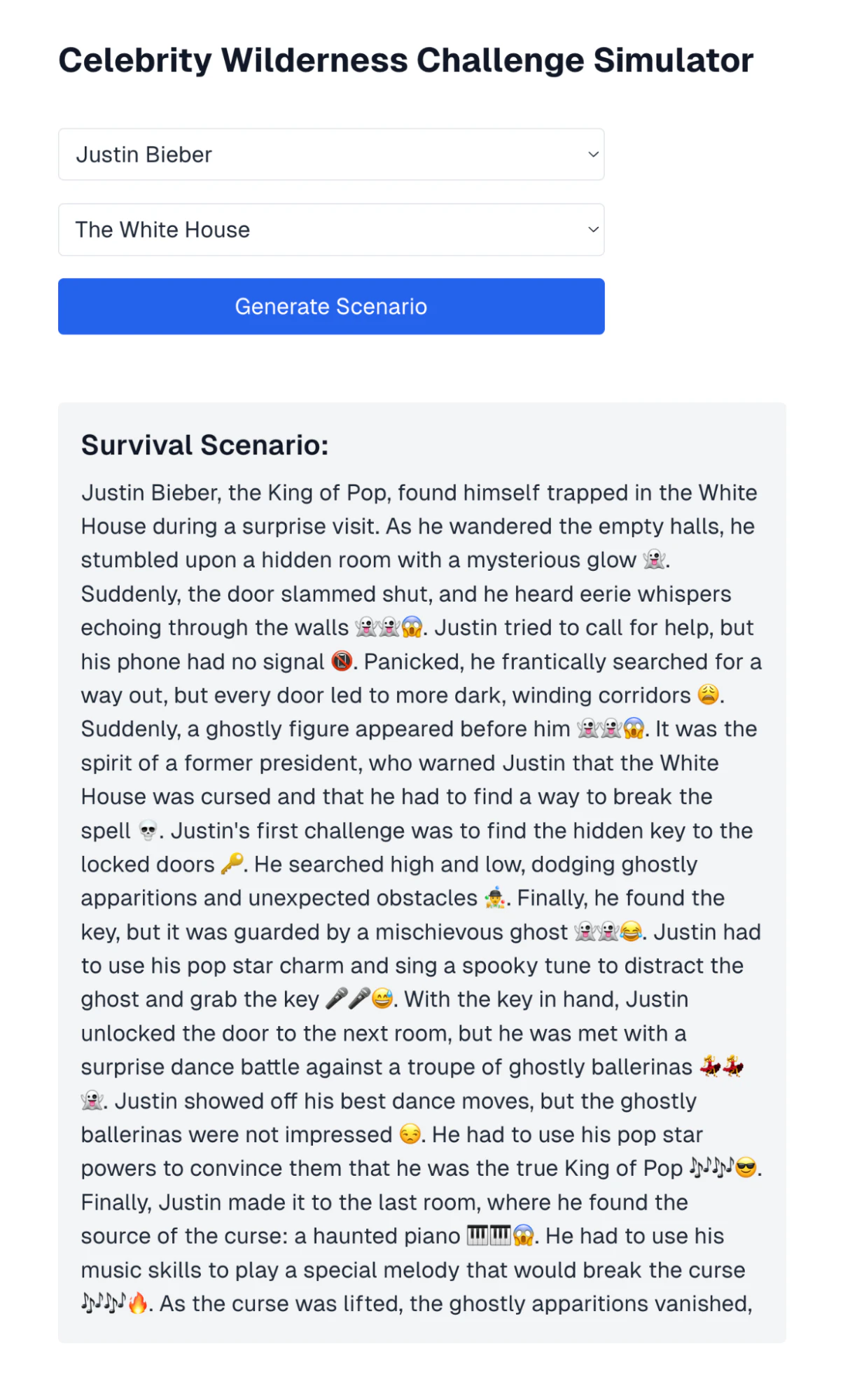 A webpage of the Celebrity Wilderness Challenge Simulator showing a generated survival scenario with Justin Bieber at the White House. The scenario describes Justin getting trapped in the White House, encountering mysterious rooms, ghostly figures, and struggling to find his way out.