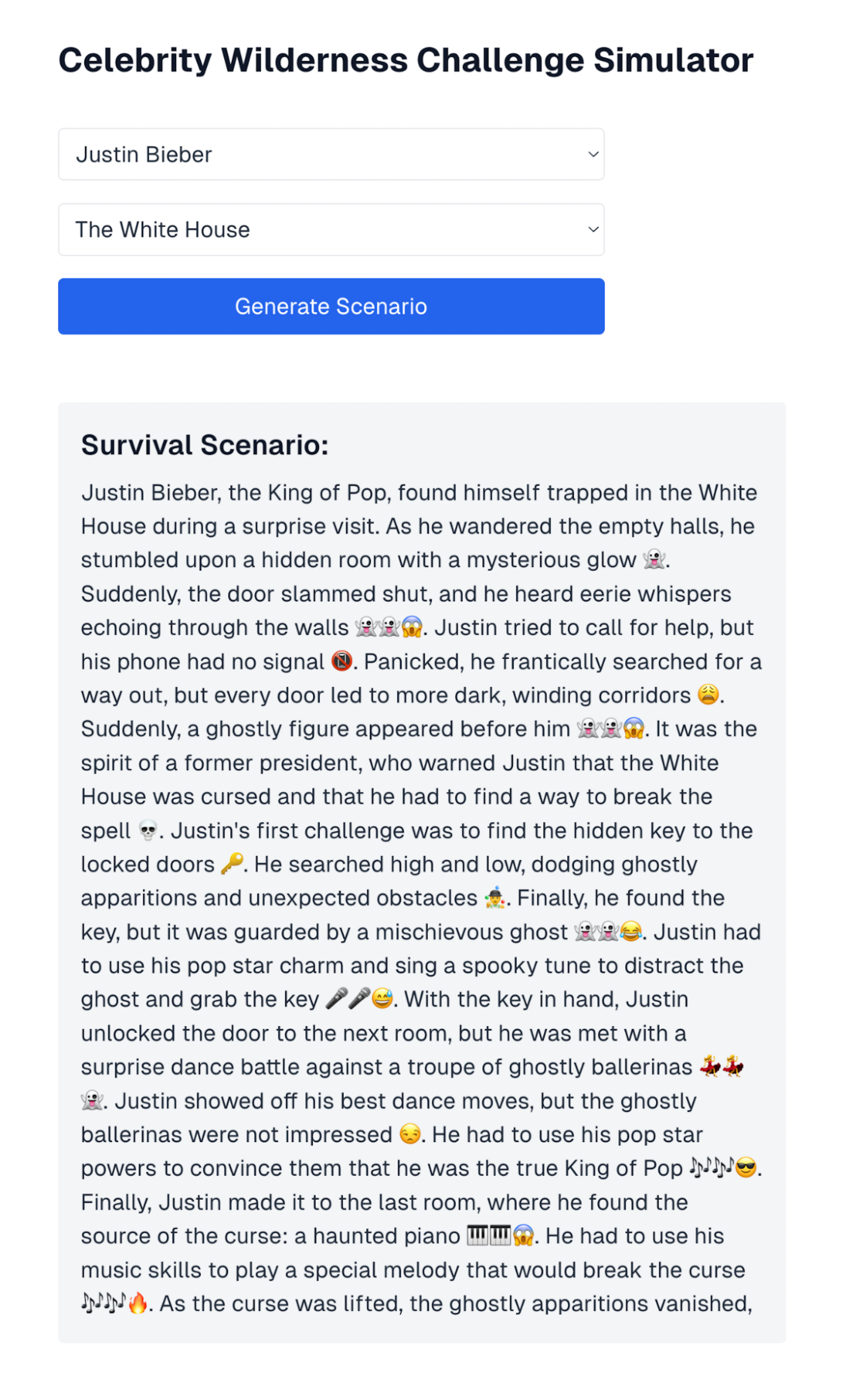 A webpage of the Celebrity Wilderness Challenge Simulator showing a generated survival scenario with Justin Bieber at the White House. The scenario describes Justin getting trapped in the White House, encountering mysterious rooms, ghostly figures, and struggling to find his way out.