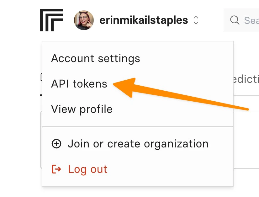 A user profile dropdown menu showing options such as "Account settings," "API tokens," and "View profile" with an orange arrow pointing to the "API tokens" option.