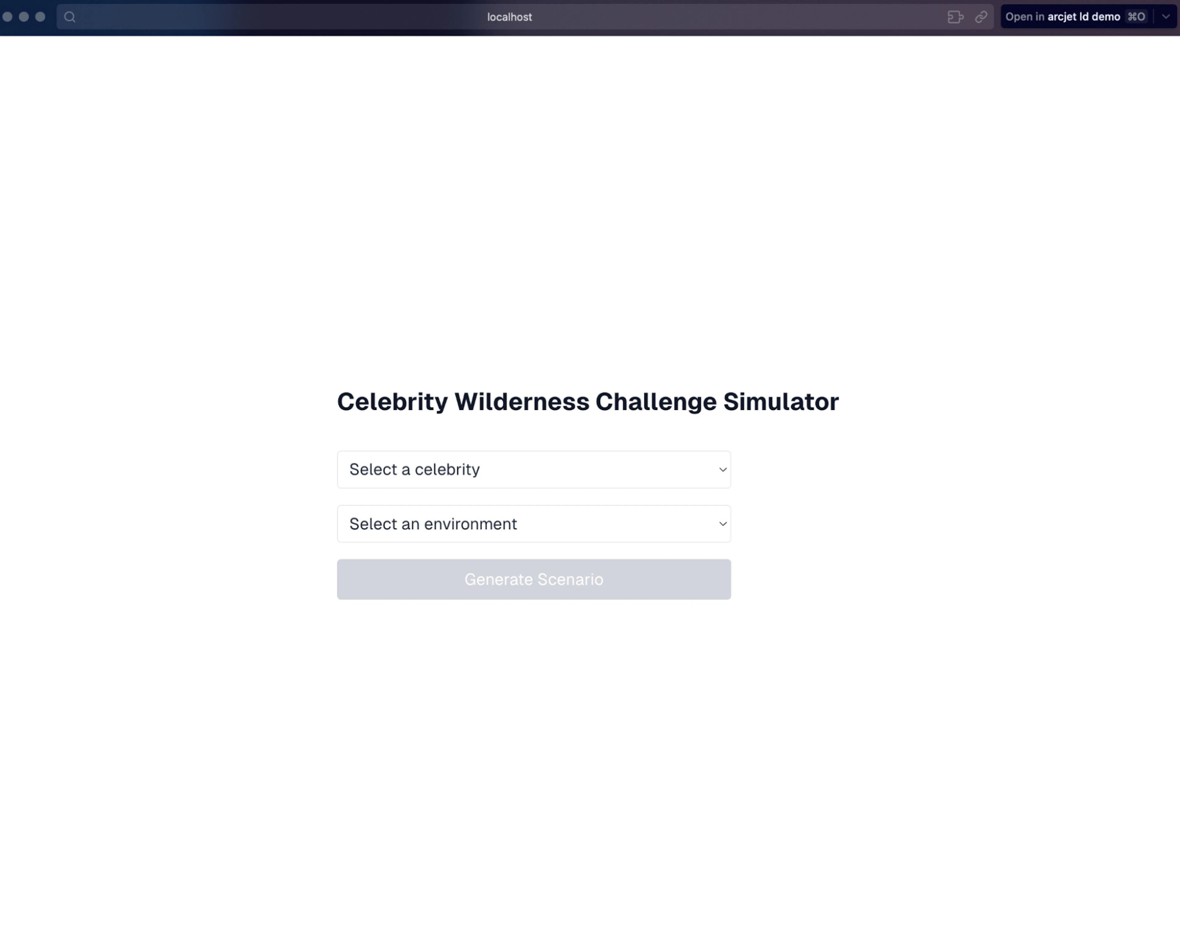 A webpage for the Celebrity Wilderness Challenge Simulator, displaying two dropdown menus for selecting a celebrity and an environment, and a greyed-out button labeled "Generate Scenario."